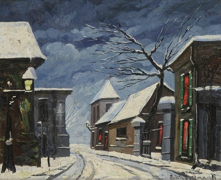 Elemer VAGH WEINMANN (né en 1906)
Village sur la neige Huile sur toile. Signée en bas à droite. 38 x 46 cm