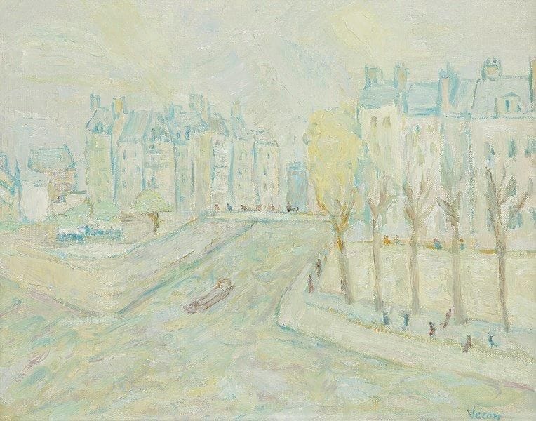 Véronique VERON (née en 1927)
Paris, la Seine à l'Île de la Cité, 1994 Huile sur toile. Signée en bas à droite. 33 x 41 cm