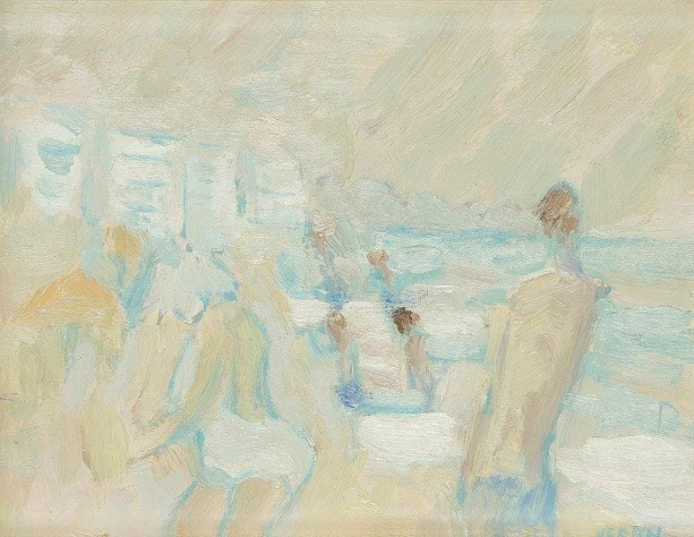 Véronique VERON (née en 1927)
Personnages sur la plage de Calais Huile sur panneau. Signée en bas à droite. 14,5 x 18 cm