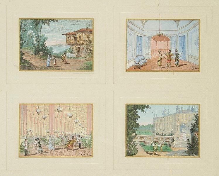 F. VOGLER (XIXe - XXe siècle)
Scènes de genre 4 gouaches dans un même montage. Signées en bas à droite. 7,5 x 11 cm chaque.