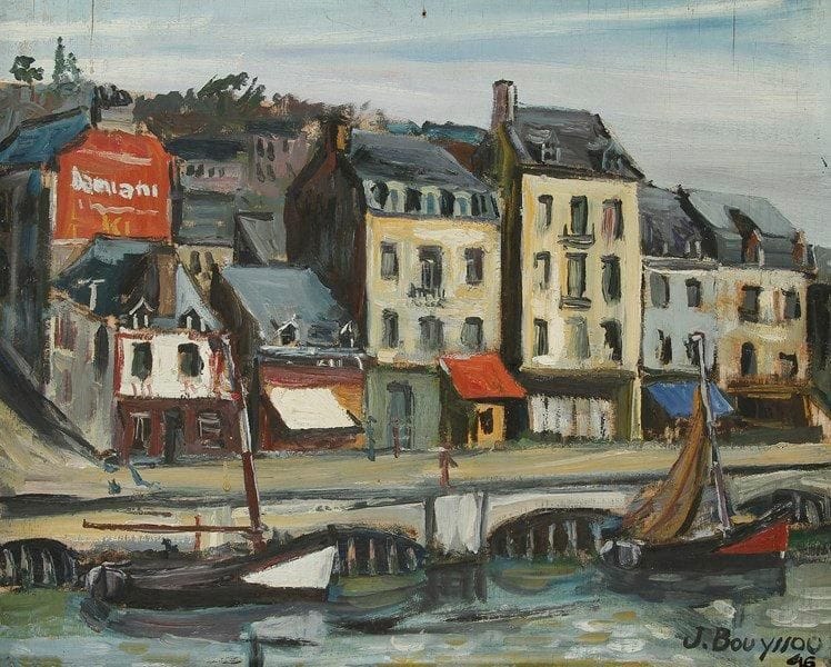 Jacques BOUYSSOU (1926 -1997)
Trouville, le Quai, 1946 Huile sur panneau. Signée et datée en bas à droite. Titrée et datée au dos. (Panneau légèrement gondolé). 38 x 46 cm