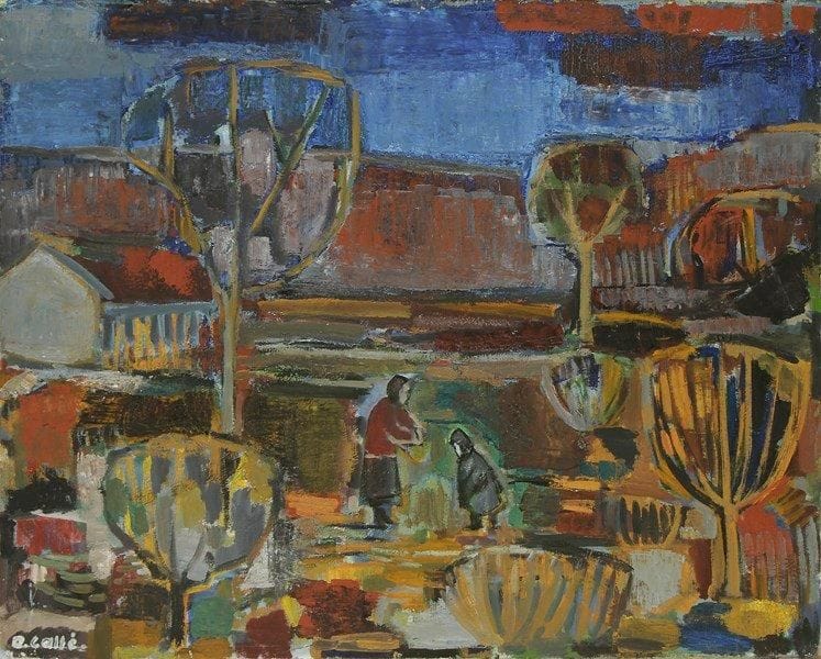 Denise CALLÉ (née en 1915)
Paysage au deux personnages Huile sur toile. Signée en bas à gauche. 65 x 81 cm