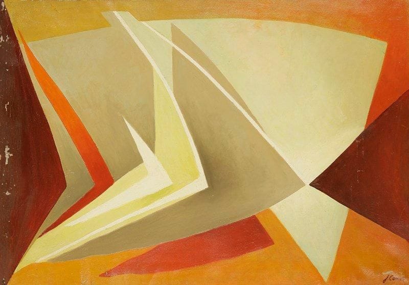 Jacques CAMUS (1893-?)
Rencontres, 1953 Huile sur toile. Signée en bas à droite. Titrée et datée au dos. (Manques).