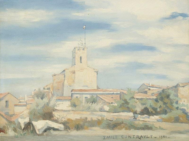 Emile CONTRAULT (?-1945)
Église de Provence, 1901 Huile sur toile. Signée et datée en bas à droite. (Petits manques). 46 x 61 cm