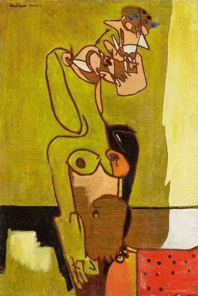 Pierre COURTENS (1921-2004)
Femme à l'enfant Huile sur toile. Signée en haut à gauche. 81 x 55 cm