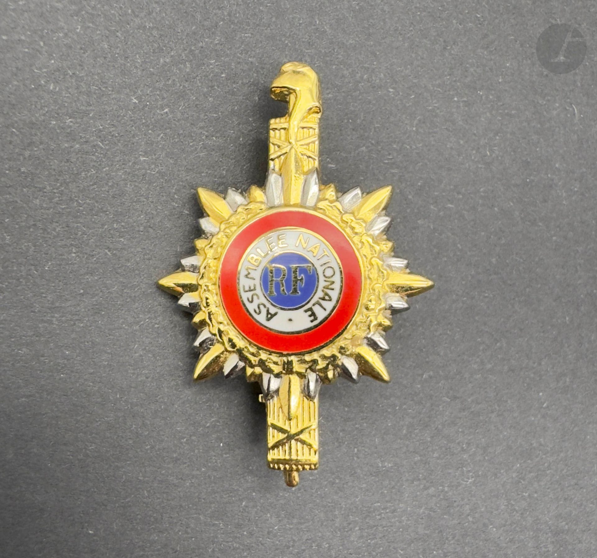 FRANCE 
Small portable deputy badge, Vth Republic model. 
In silver, vermeil and enamel. Reverse with safety clasp. 
Height: 35 mm - Gross weight: 6.8 g 
Minerva head and Arthus Bertrand hallmark. 
SUP. 
Edmond launay and souyris rolland, "Insignes et médailles des députés", Public Réalisations, 1981. Numbered.
