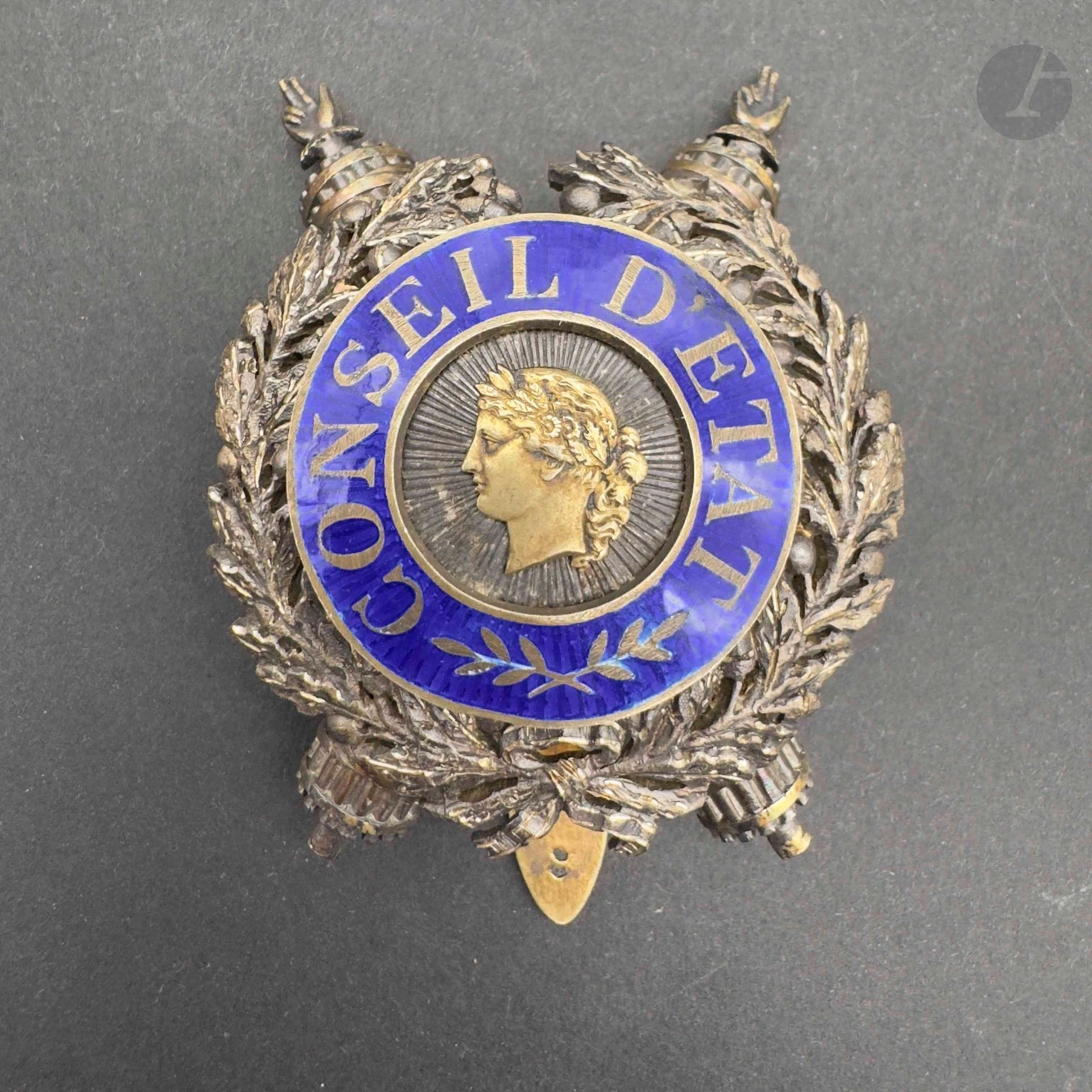 FRANCE 
CONSEIL D’ÉTAT 
Insigne de conseiller d’État en vermeil et émail. Poinçon tête de sanglier et d’orfèvre de la maison Marie. 
64 mm - Poids bruts: 37 g