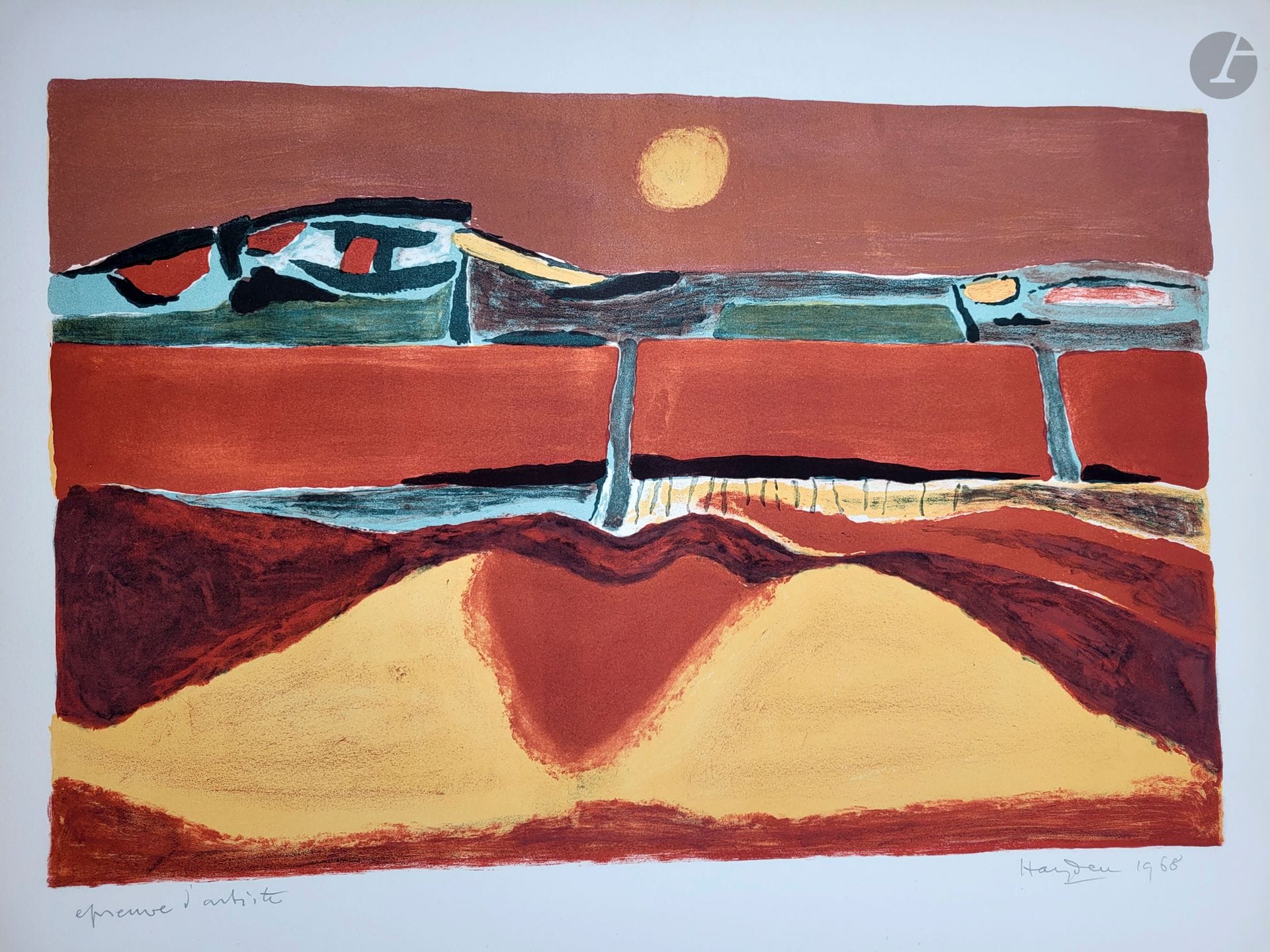 Henri HAYDEN [franco-polonais] (1883-1970)
Paysage au soleil
Lithographie en couleur.
Signée et datée en bas à droite.
Annotée « E.A. »
50.5 x 66 cm
- Provenance : 
Collection Pierre Célice.