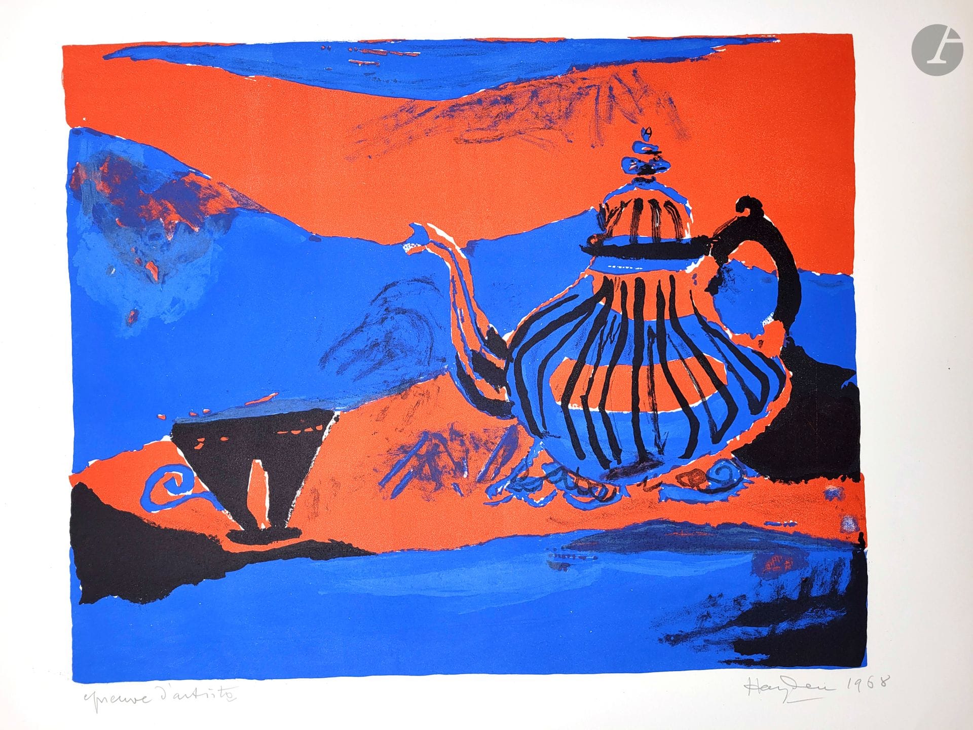 Henri HAYDEN [franco-polonais] (1883-1970)
Cafetière bleue, 1968
Lithographie.
Signée, datée et annotée E.A.
50.5 x 66 cm
- Provenance : 
Collection Pierre Célice.