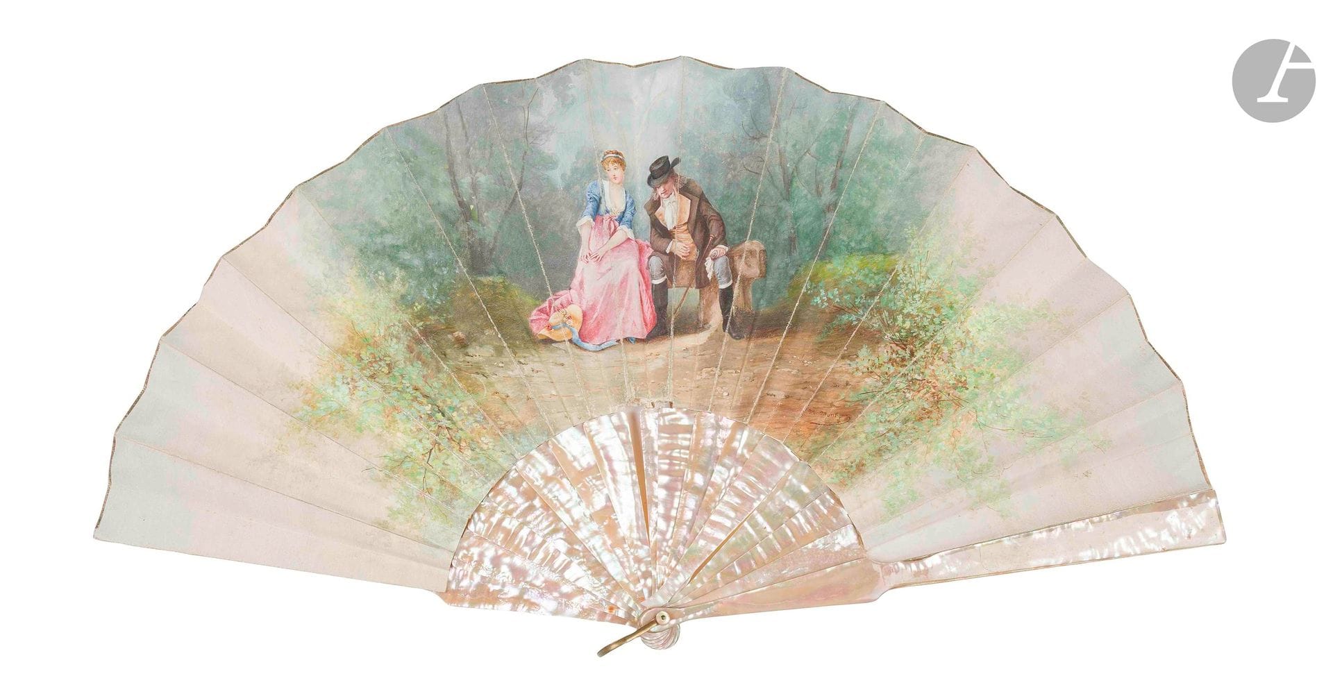 Gallant couple, France, circa 1870-1880 
Folded fan, the double skin sheet painted with gouache of a gallant couple 
in a country setting. Signed lower right "M. Montigny". 
The reverse is mute. 
Goldfish mother-of-pearl mounting. Metal hanger. 
H.t. 27.4 cm-H.f. 16.3 cm (wear, accidents)