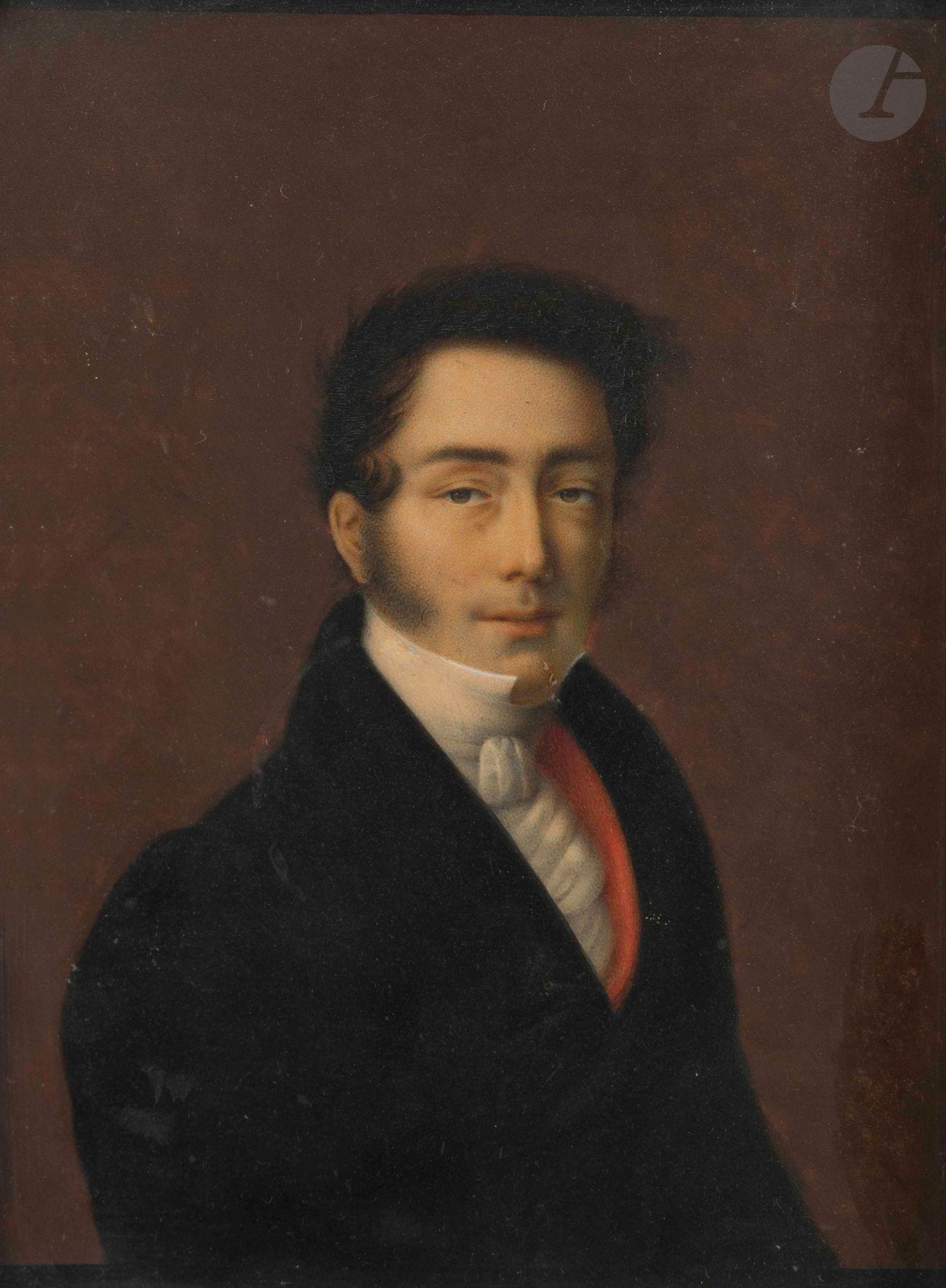 École française du XIXe siècle
Portrait de jeune homme 
Cadre en bois doré 
21,5 x 18 cm

Inscription au dos : " A ma bien aimé petite nièce Delphine Suzanne Ale.... Son vieil oncle J. de Chabot M... de Vesc... Chateau de Ponteil 4 juillet 1814 " Surement Félix Chabert de Montselgues propriétaire du château de Brésis (également connu sous le nom Brisis) situé sur la commune de Ponteils-et-Brésis (?)
