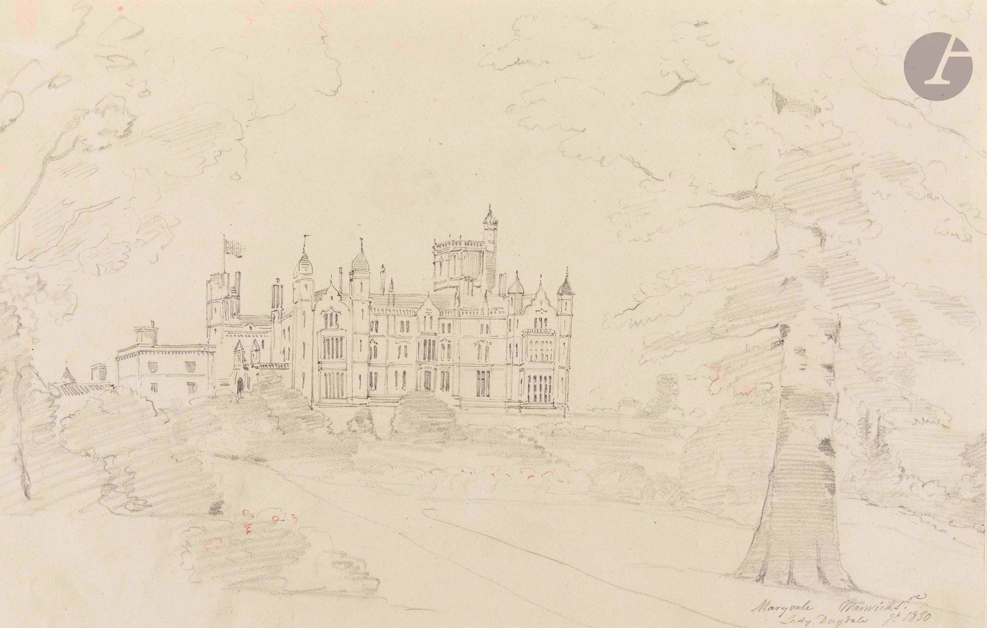 Henry de TRIQUETI (1803-1874)
Vue du château de Maryvale, 1850
Crayon noir, quelques rehauts de sanguine 
Situé et daté en bas à droite " Maryvale, Warwicks, lady Dugdale, Ji.1850 "
25,8 x 40,8 cm 
Petites taches, petites pliures

On joint une vue prise d'un autre angle du château.