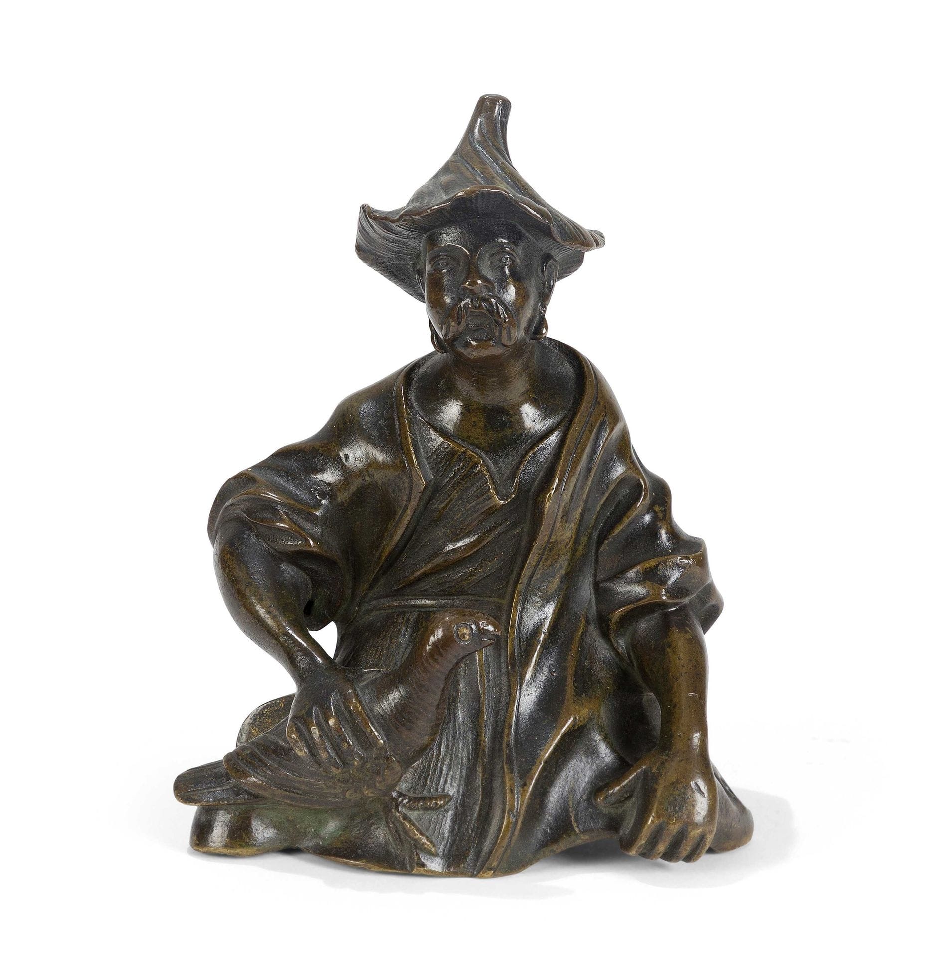 19th century French school
Asian man holding a bird 
Decorative element in bronze with brown patina
H. 14.5 cm