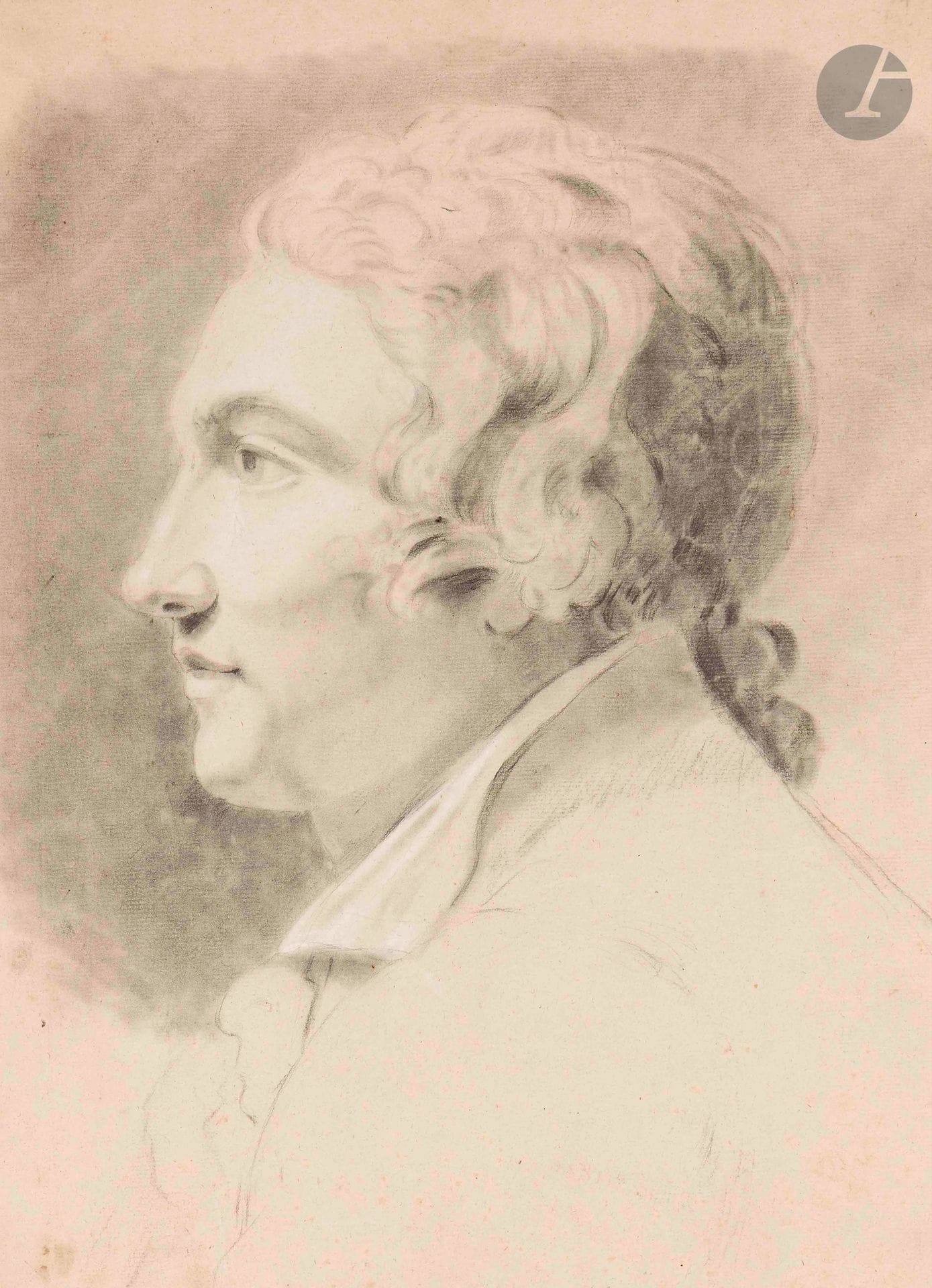 ÉCOLE FRANCAISE DU XVIIIe
Portrait d'homme de profil 
Crayon noir, estompe et rehauts de craie blanche
39,5 x 28,7 cm
Plis et taches