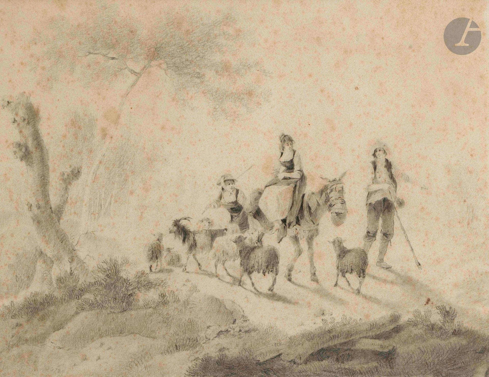 Attributed to Jean PILLEMENT (1728-1808)
The shepherd's family and his flock
Black stone and estompe
26 x 37 cm
Traces of signature lower left
Freckles