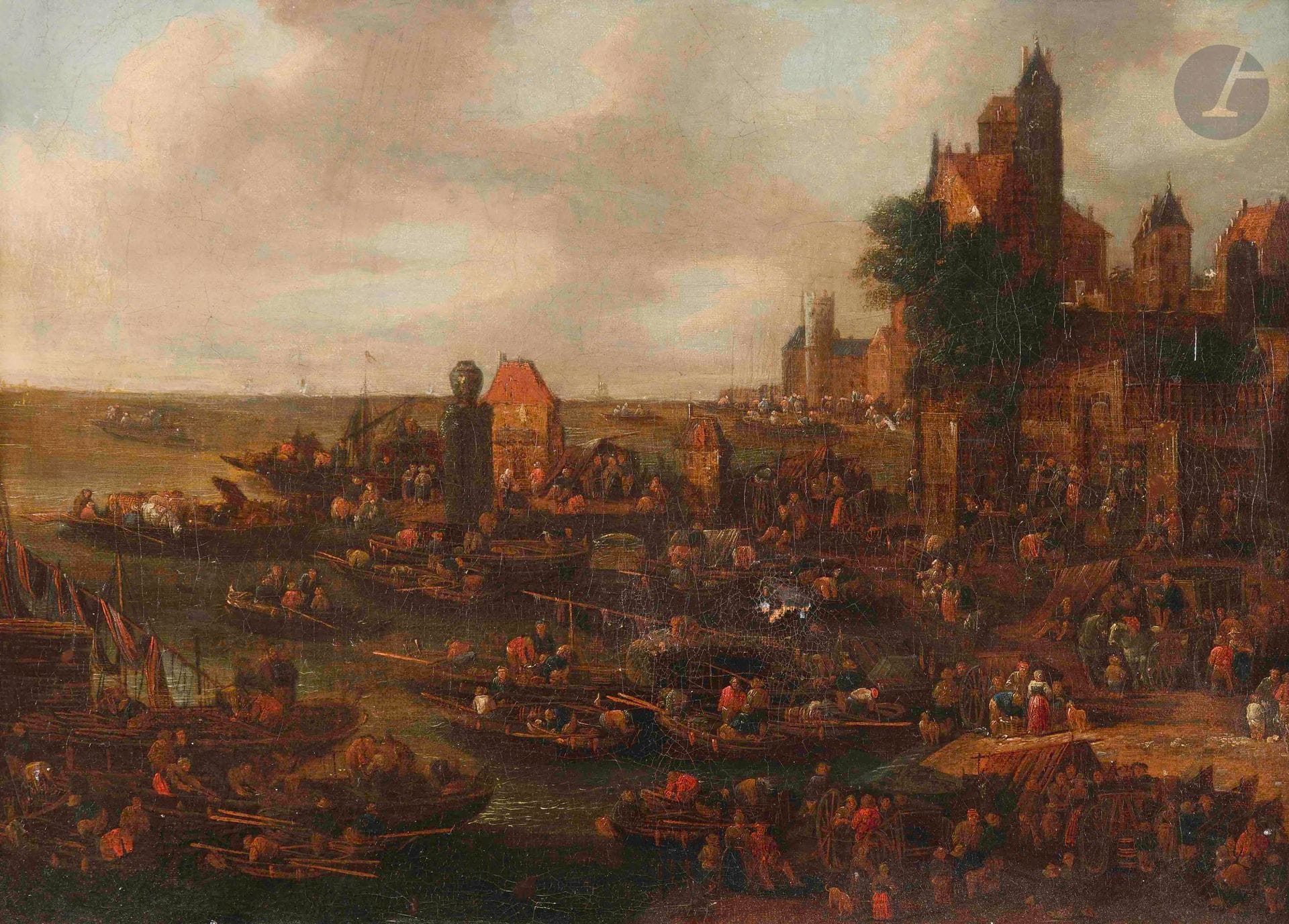 Pieter III CASTEELS (Anvers 1684 - 1749)
Scène de marché au port
Toile
26,5 x 36,5 cm
Porte une inscription au crayon au revers du châssis difficilement lisible.
Accidents et restaurations anciennes
