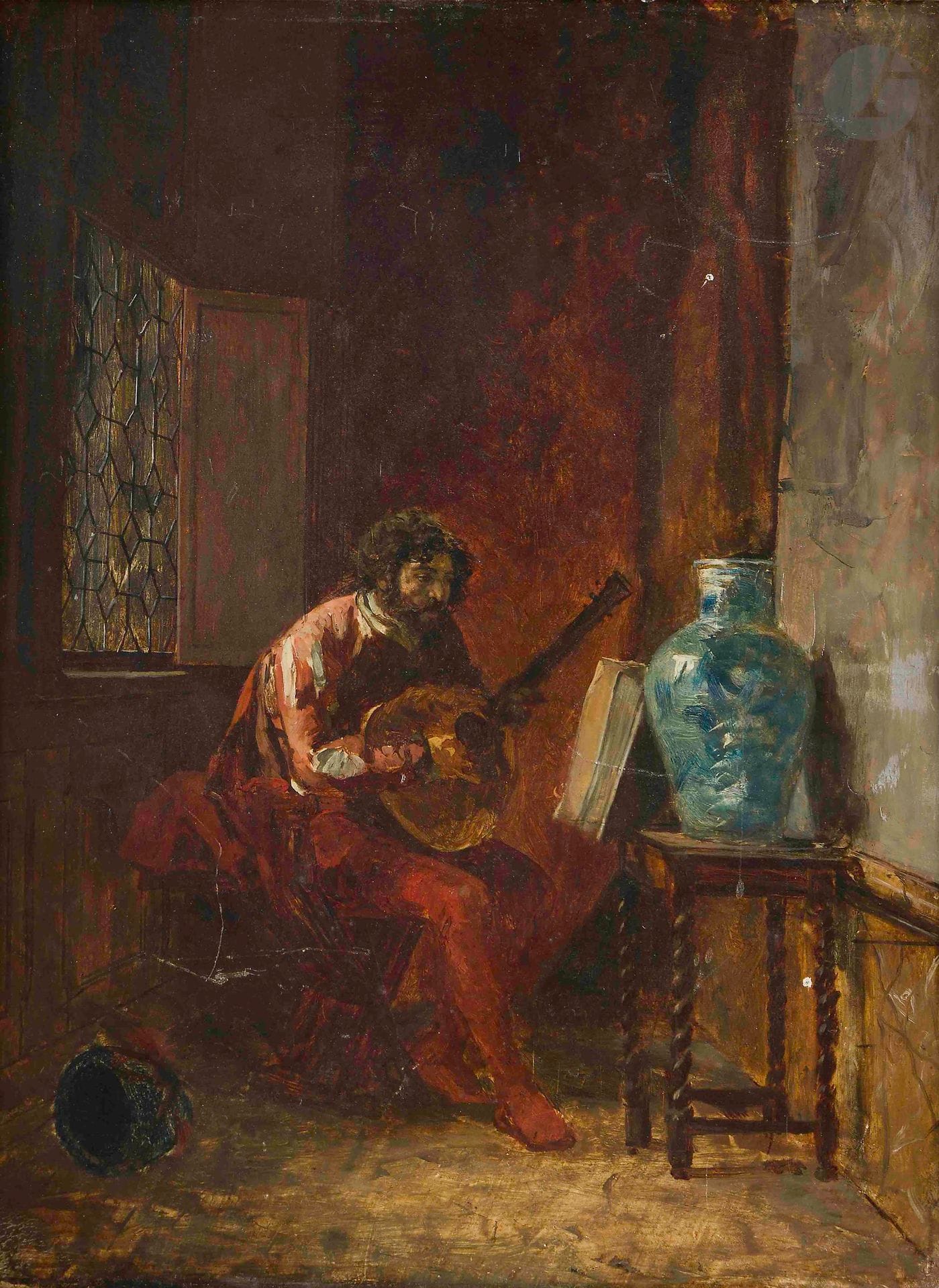 Eduardo ZAMACOIS Y ZABALA (Bilbao 1841 - Madrid 1871)
Le joueur de guitare
Panneau, une planche, non parqueté
32,5 x 24 cm
Porte au revers un cachet de cire rouge "Vente de Zamacois"

Provenance :
Vente des tableaux de feu Zamacois, Paris, Hôtel Drouot (Me Escribe), 15 avril 1872, n° 11 (Joueur de guitare 1485).