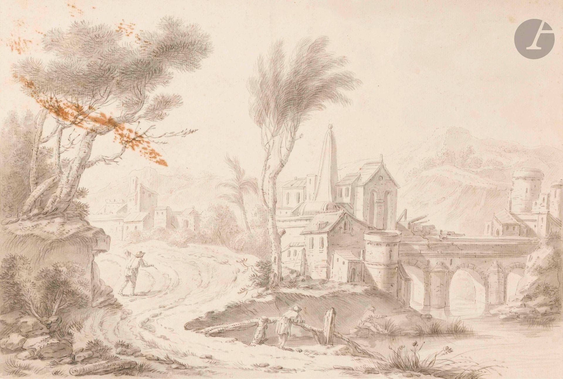 Jean-François CLERMONT, dit GANIF (Paris 1717 - Reims 1807)
Village en bordure de fleuve
Plume et encre grise, lavis gris sur traits de crayon noir, dessiné sur un montage préparé
26 x 38,7 cm
Rousseurs et taches