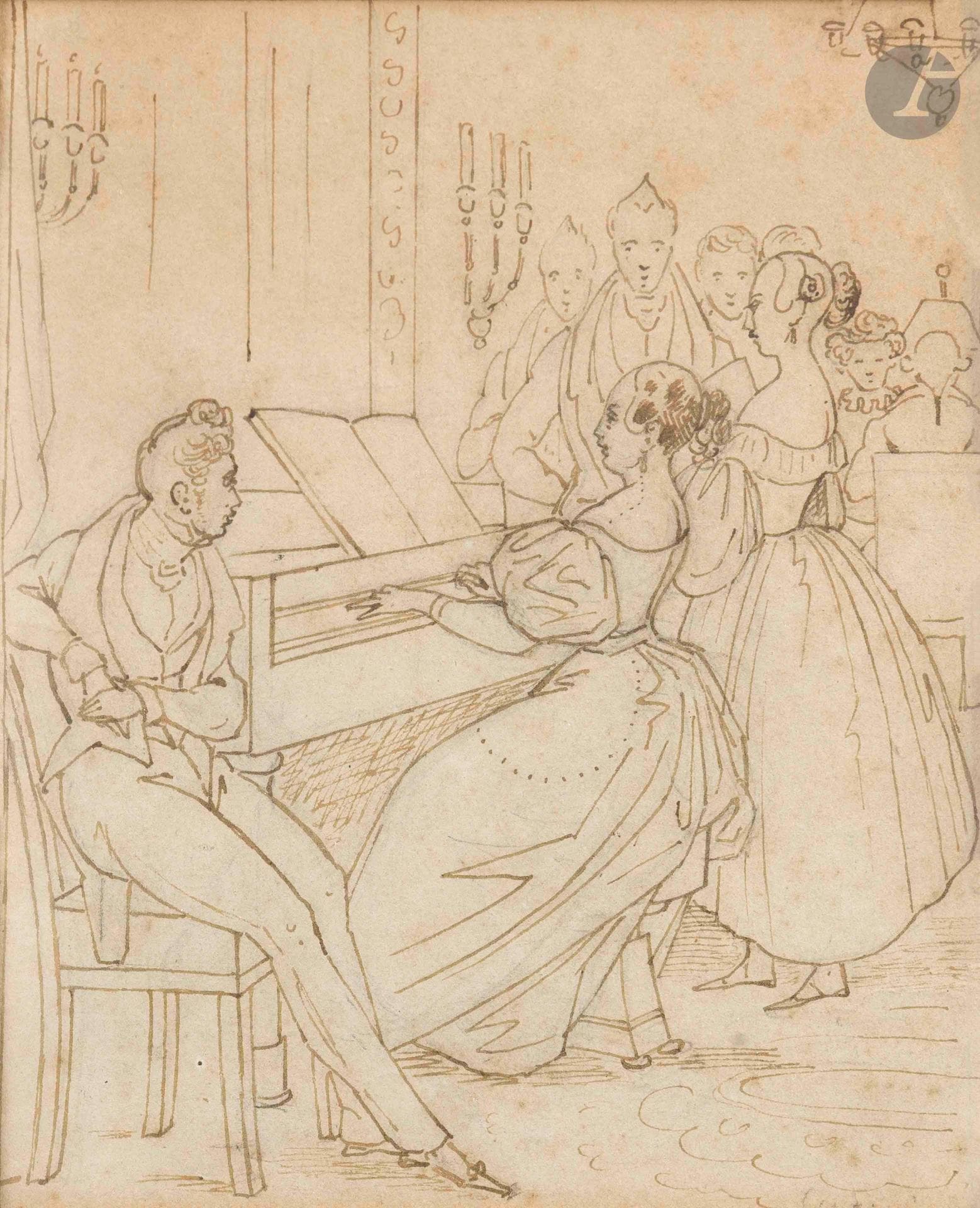 École FRANCAISE du XIXe siècle
Femme au piano (portraits présumés de George Sand et Frédéric Chopin) 
Encre brune sur papier
13,5 x 10,5 cm