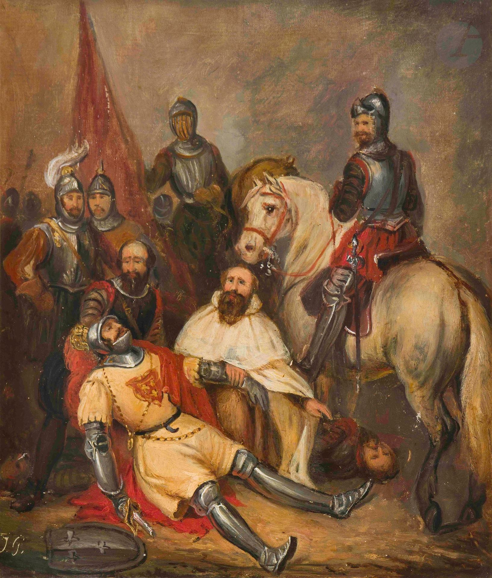 Attributed to Jacob GODINAU (1811 - 1873)
The death of Roland
Original canvas (lined with cardboard)
25.5 x 22.5 cm
Bears a monogram lower left "J G" and a recent attribution on the reverse of the cardboard "Godineau".