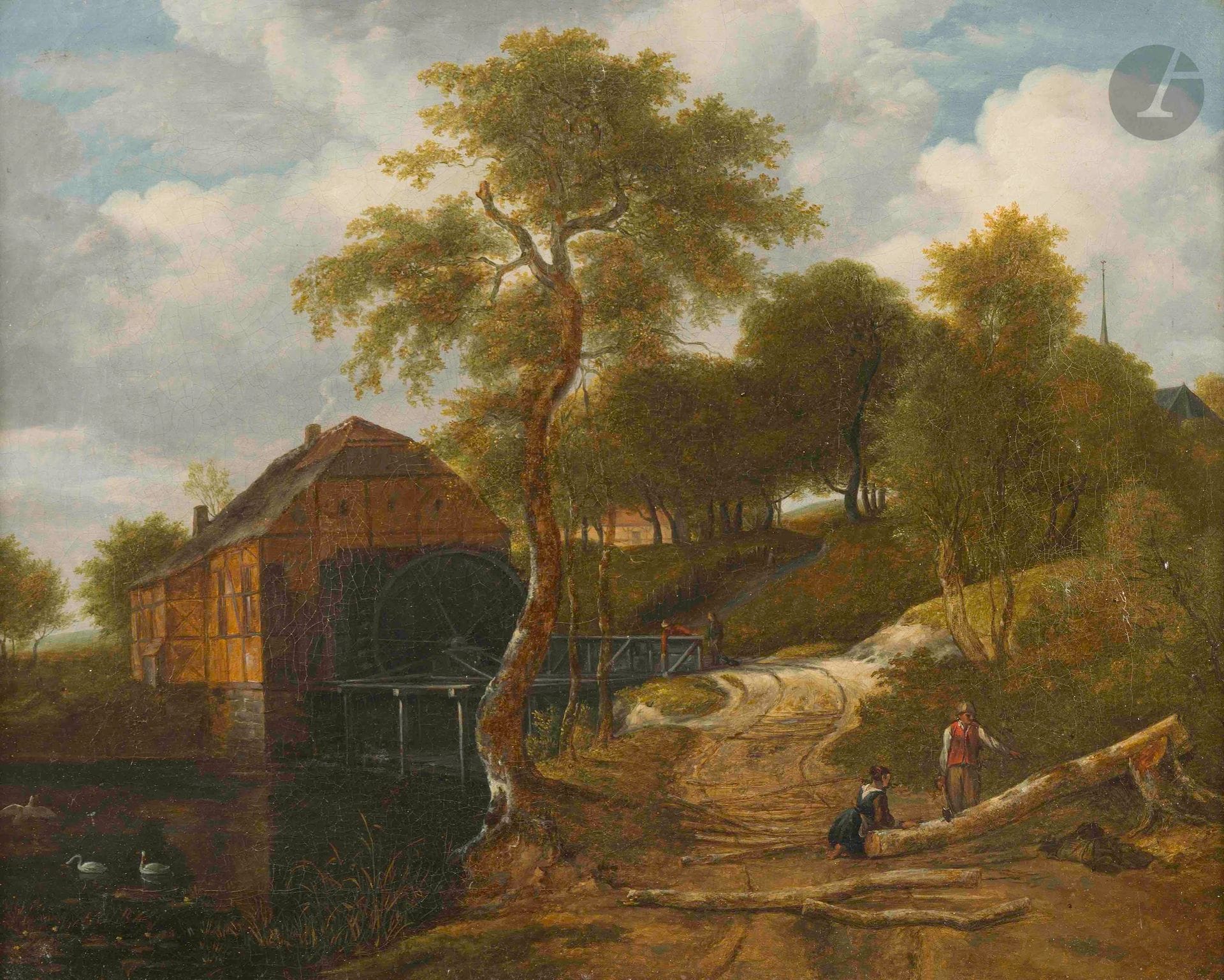 École HOLLANDAISE du XIXe siècle
Un bucheron et sa femme près d'un moulin
Sur sa toile d'origine
39 x 48,5 cm
Restaurations anciennes et accidents