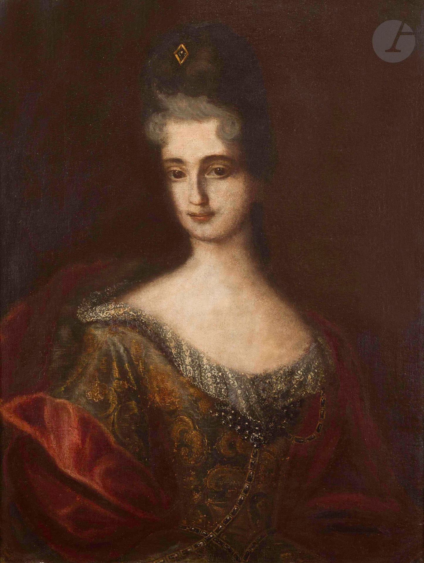 École ITALIENNE du XVIIIe siècle
Portrait de femme au manteau rouge
Toile 
81 x 61 cm
Restaurations anciennes

Porte des inscriptions récentes au crayon au revers du cadre difficilement lisibles " higher Mellerio / Alberto Turofo ... " (?)