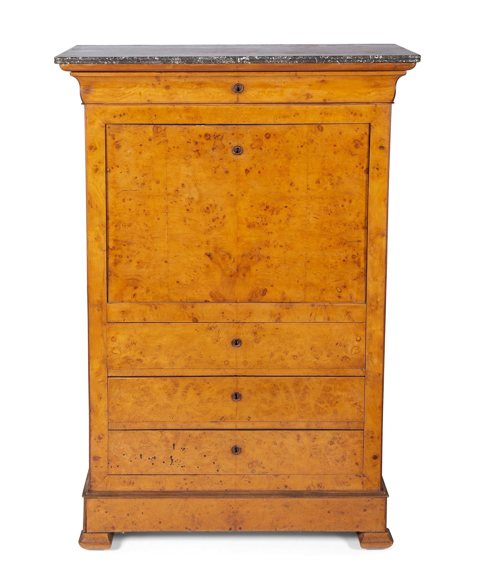 Secrétaire à abattant en bois de loupe ouvrant à un abattant et quatre tiroirs, dessus de marbre gris Sainte-Anne ; (accidents).
Époque Charles X.
H. : 148 cm, L. : 100 cm, P. : 44 cm

Provenance : 
Ancienne collection Maurice Brianchon, vente Toulon, le 7 avril 2013