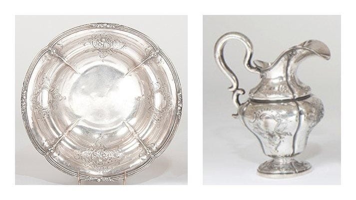Aiguière et son bassin de toilette en argent. Le bassin, de forme polylobée, porte un décor repoussé alternant médaillons et fruits repris sur l'aiguière à haute prise latérale reposant sur un piédouche et s'ouvrant sur un large bec verseur. Poinçon minerve, deuxième moitié du XIXe siècle. Orfèvre: Martial FRAY, 1849 - 1861. Diam. du bassin: 31 cm Haut. de l'aiguière: 25,8 cm Poids: 1670 g