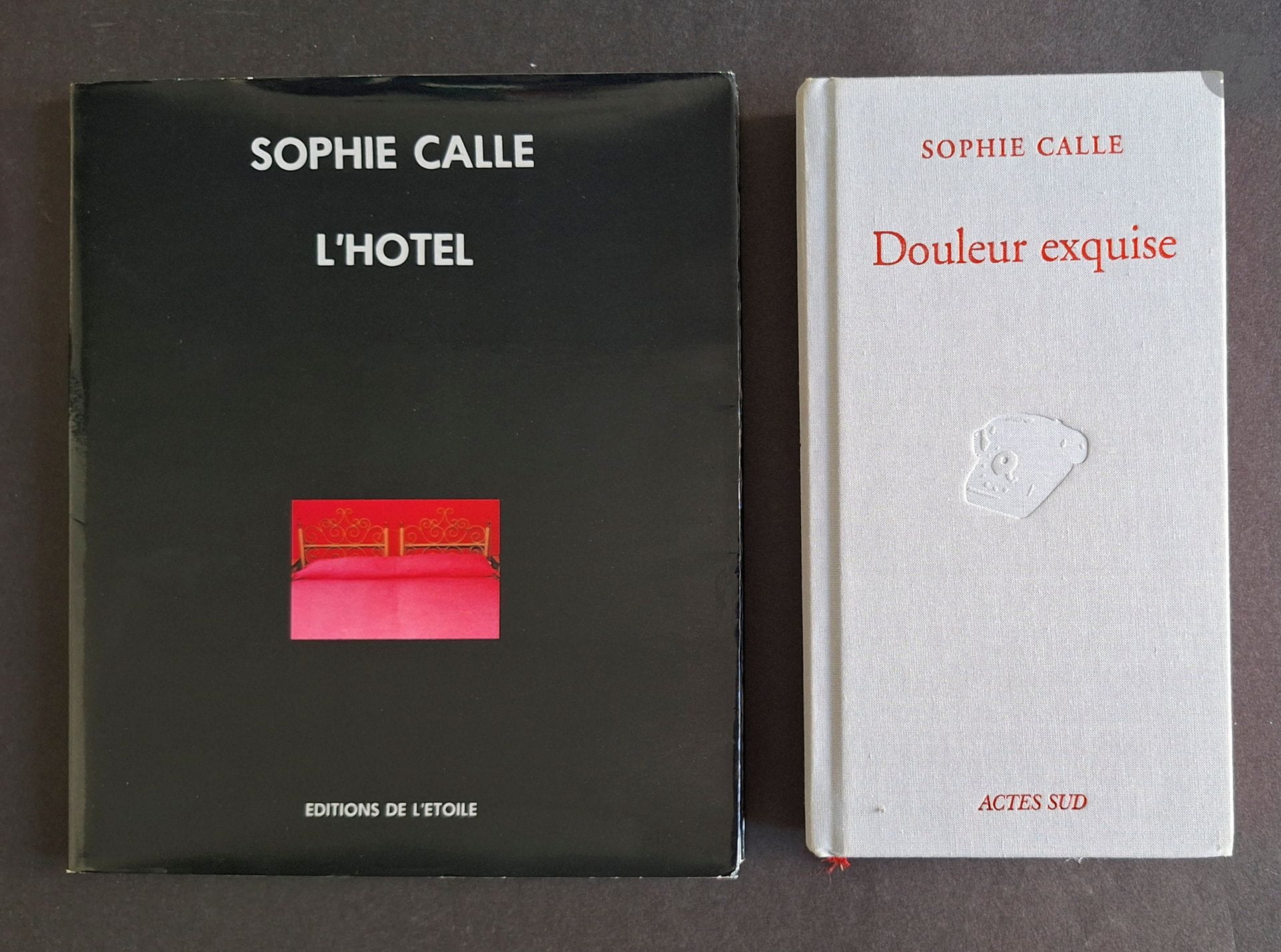 CALLE, SOPHIE (1953) 
Deux ouvrages
*L'hôtel. 
Editions de l'Etoile, 1984. 
In-8 (21 x 19 cm). Edition originale, brochée. Couverture souple sous jaquette illustrée.
*Douleur exquise.
Editions Acte Sud, 2003.
In-8 (20 x 10,5 cm). Édition originale. 282 pages. Reliure en tissu titré en rouge.