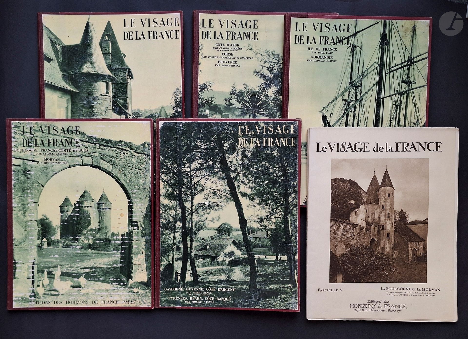 LE VISAGE DE LA FRANCE
8 volumes.
Editions des Horizons de France. 5 volumes reliés et 3 volumes brochés . Frottements et usures.
Bourgogne, Franche-Comté et Jura; Morvan; Gascogne, Guyenne, Côte d'Argent; Pyrénées, Béarn, Côte Basque; Ile de France, Normandie; Côte d'Azur, Corse, Provence; Berry, Nivernais et Sologne; Poitou, Angoumois, Saintonge; Limousin et Périgord; ...