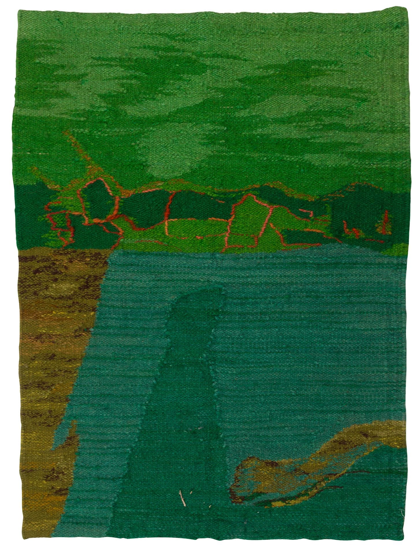 Anna BUCZKOWSKA (1943-2026)
Czerwienie (the reds)
Tapestry.
62 x 85 cm
Handwritten bolduc sewn on reverse ("Autor: Buczkowska / Gobelin: "Czerwienie" / Symbol: SD/153/098/Cepelia / Wymiary: 0,62 x 0,85 / Cena det. 1m2 = 4,320 zl").

Graduating in 1971, Buczkowska headed the Ład decorative arts cooperative in the years 1972-75, in the post-war period under the aegis of Cepelia. This cooperative (Centrala Przemyslu Ludowego i Artystycznego, Central of Popular and Artistic Industry), was created after the war to support Poland's traditional and folk crafts (under state control). It grouped together several workshops and sales outlets. It ceased operations in 1990.

[Poland] [Polish art] [sztuka polska]