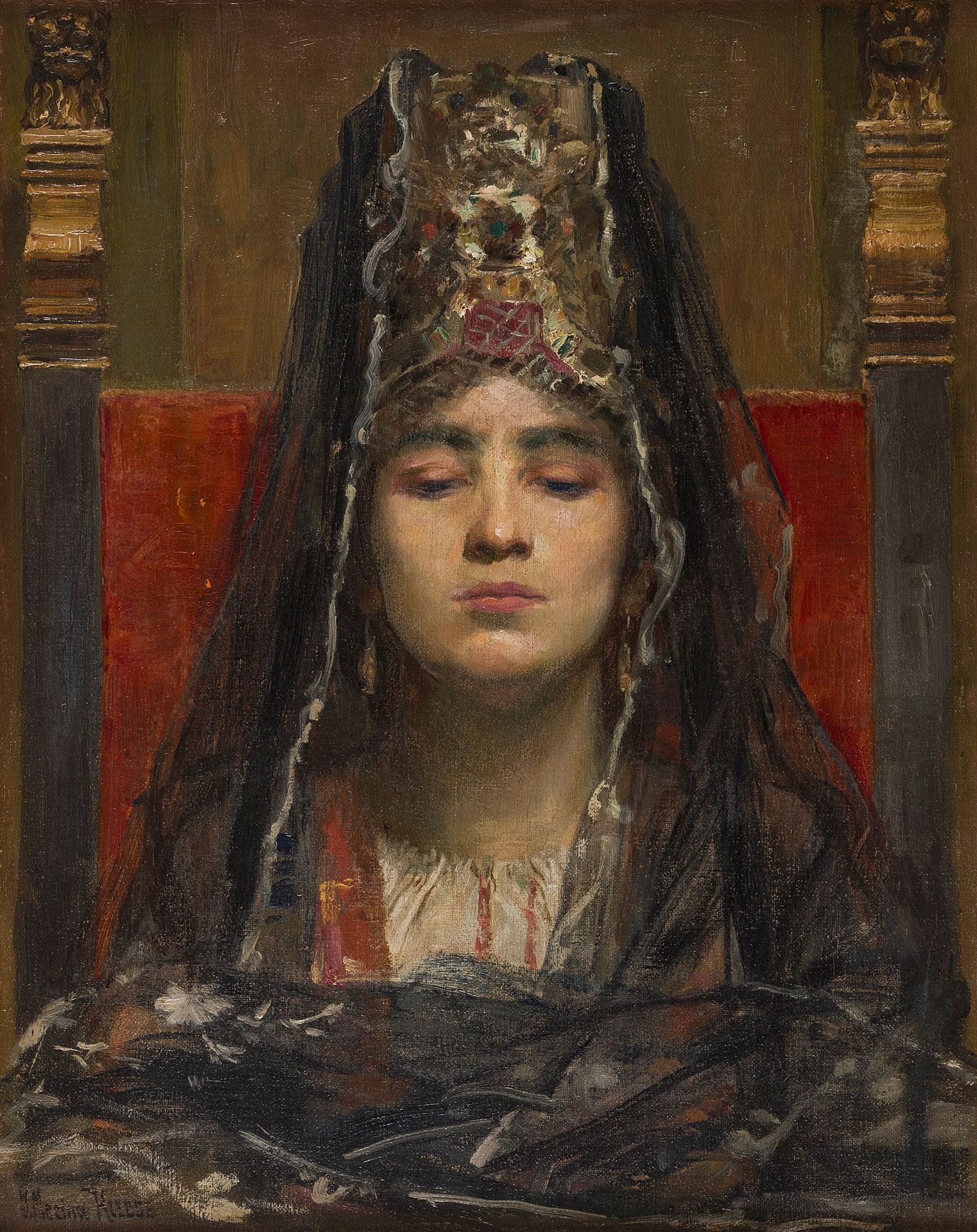 Józef MĘCINA-KRZESZ (1860-1934)
Portrait présumé d’Hedwige d’Anjou, vers 1906
Huile sur toile.
Signée en bas à gauche.
(Petites restaurations).
65 x 50 cm

Élève de Jan Matejko, Męcina-Krzesz a peint à plusieurs reprises Hedwige d’Anjou, couronnée monarque de Pologne en 1384. On retrouve le même dossier de trône, sur lequel est assise la reine, dans le grand portrait conservé à la galerie nationale d’art de Lviv (n° Ж-1613), ainsi que dans une peinture conservée au musée de l’archidiocèse de Varsovie (n° 06662). La reine Hedwige, canonisée en 1997, est ici représentée portant un voile noir ; les artistes romantiques la présentent souvent comme une reine martyre, une reine souffrante, un personnage tragique... Le voile peut également évoquer son deuil après le décès de sa fille, suivi de sa propre mort, consécutive à l’accouchement.

[Pologne] [art polonais] [sztuka polska]