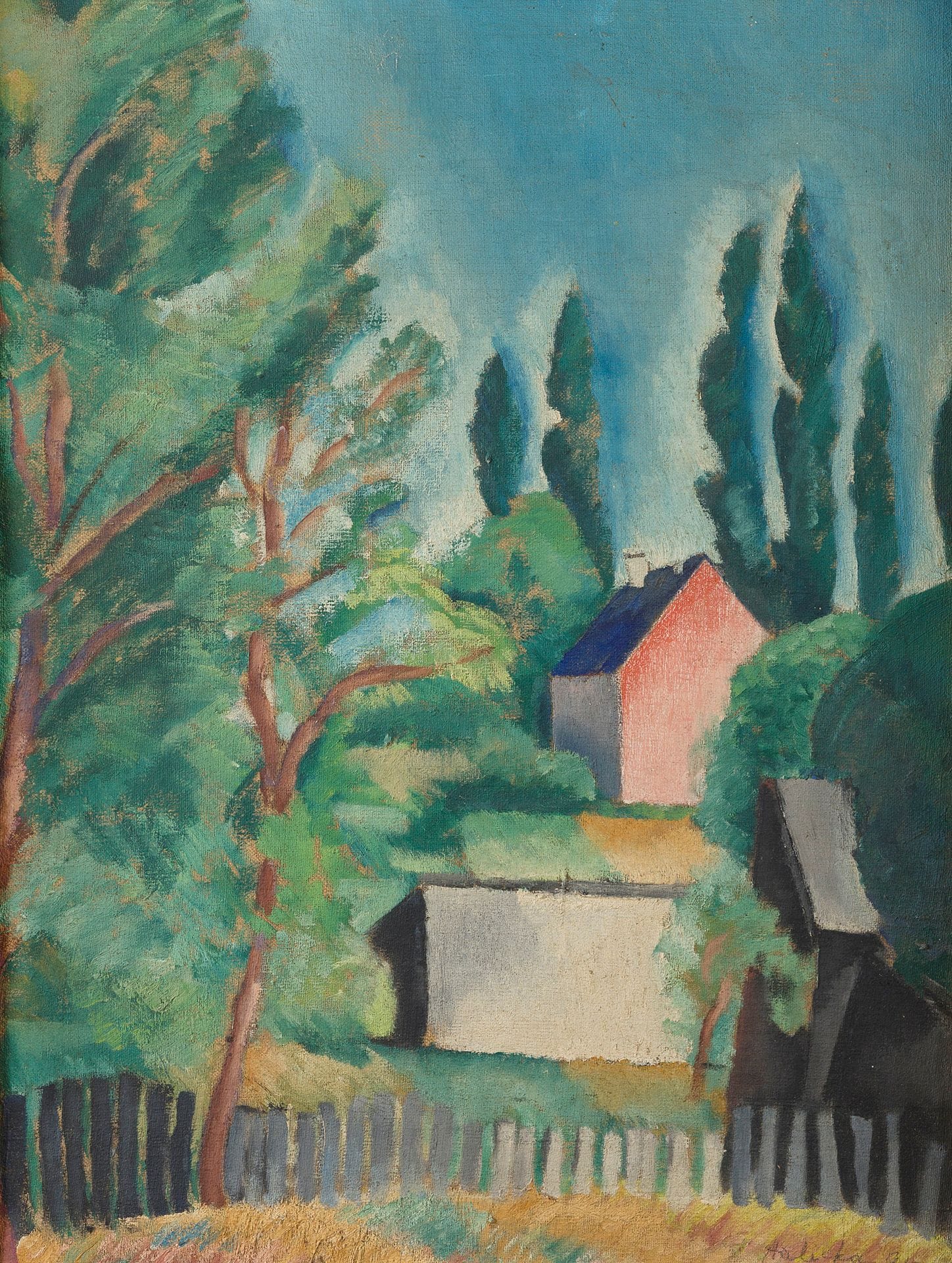 Alice HALICKA (1884/1889-1975)
Paysage à la maison rose, [1]918
Huile sur toile.
Signée et datée au crayon en bas à droite.
63 x 46 cm
Châssis inscrit au crayon « Touraine » (peu lisible).

Provenance : 
Vente Me Bellier, Paris, Hôtel Drouot, 27 novembre 1942, lot 82.

Dans "Hier (Souvenirs)", publié en 1946, dans le chapitre « Guerre de 1914 », Halicka évoque son séjour en Touraine en 1918 : « Nous arrivâmes enfin à la Chapelle-sur-Loire, près de Saumur, but de notre voyage, où Lewitzka avait retenu une chambre pour elle seule, oubliant mon existence. […] Finalement tout s’arrangea dans cette jolie Touraine où passaient alors continuellement dans un fracas de tonnerre, de lourds camions américains remplis de soldats, grands, gais, magnifiquement équipés ».

[Pologne] [art polonais] [sztuka polska]
