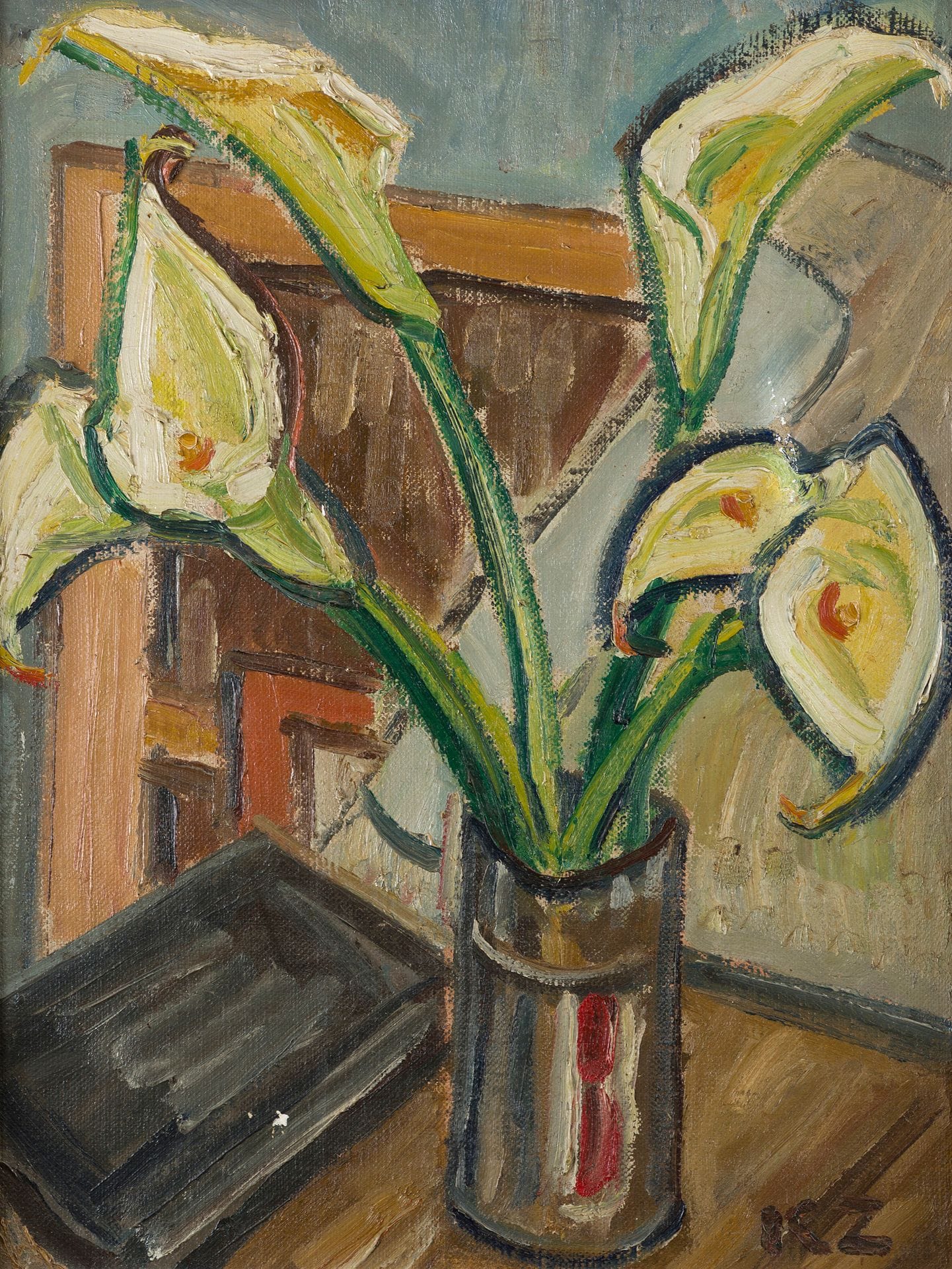 Kazimierz ZIELENIEWSKI (1888-1931)
Bouquet de callas
Huile sur toile.
Monogrammée en bas à droite.
63,2 x 46 cm

[Pologne] [art polonais] [sztuka polska]