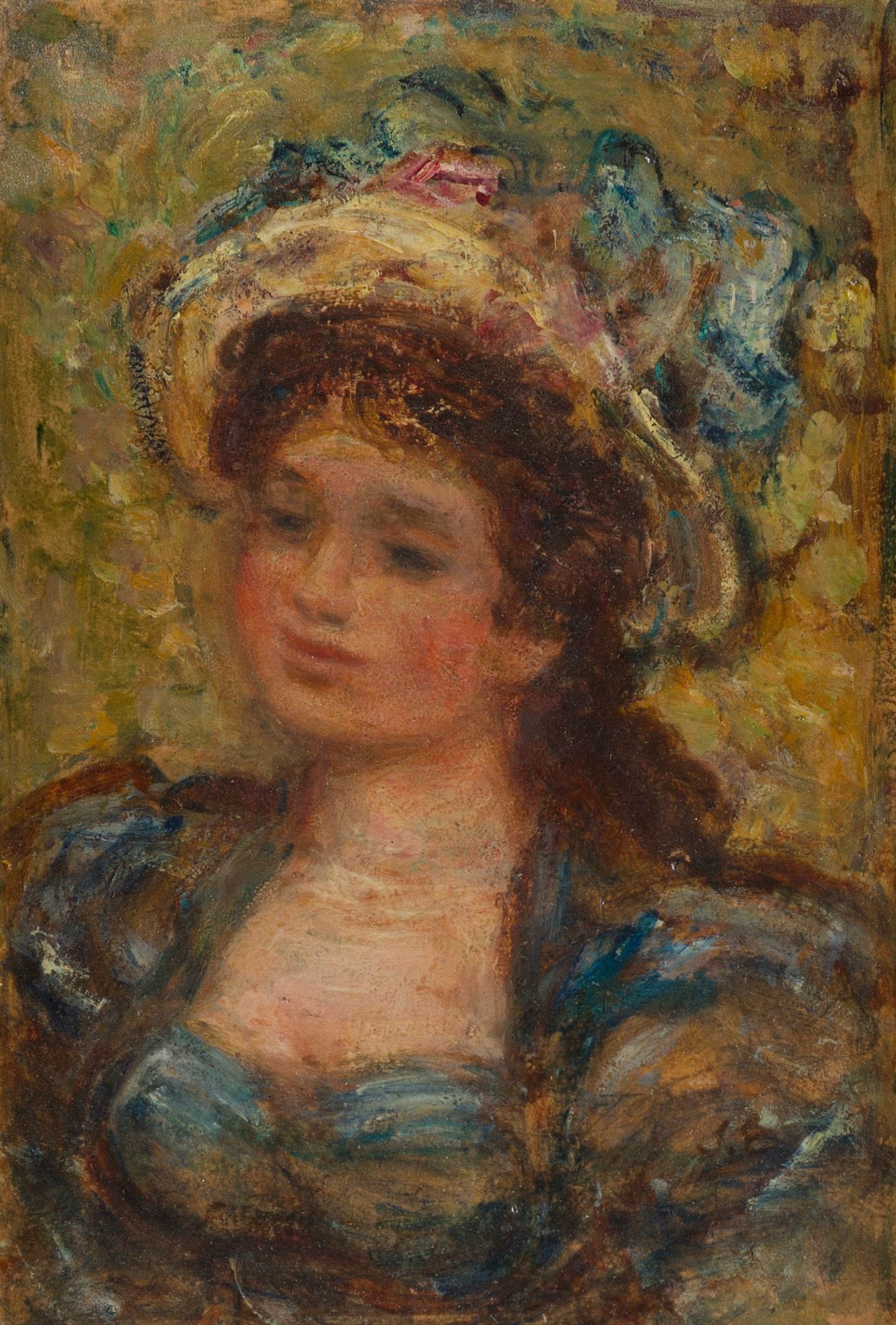 Stanislaw ELESZKIEWICZ (1900-1963)
Portrait de femme au chapeau
Huile sur carton.
Monogrammée en bas à droite.
Étiquette au dos : « donné par Anne et Pierre Genetré (?) à Hélène Rambout »
23 x 16 cm

[Pologne] [art polonais] [sztuka polska]