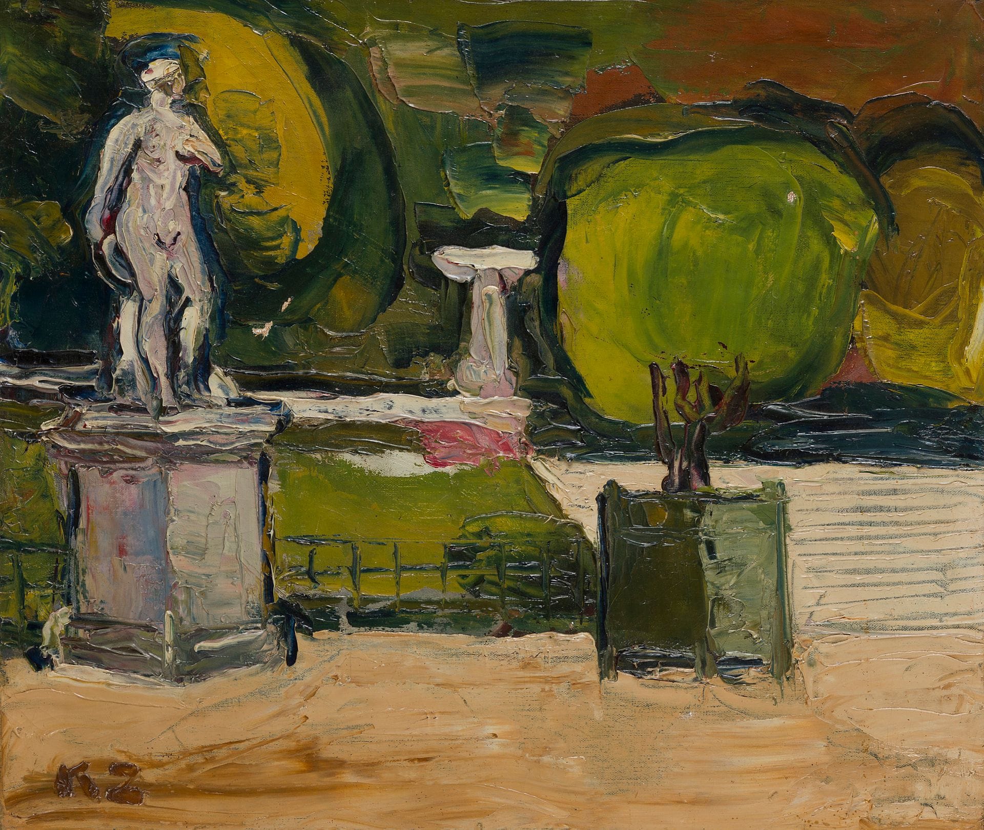Kazimierz ZIELENIEWSKI (1888-1931)
Jardin du Luxembourg
Huile sur toile.
Monogrammée en bas à gauche.
Étiquette au dos : « Le cri des peuples » avec tampon donnant date 14/6/1928.
(Restaurations et petits accidents).
46 x 55,4 cm

[Pologne] [art polonais] [sztuka polska]