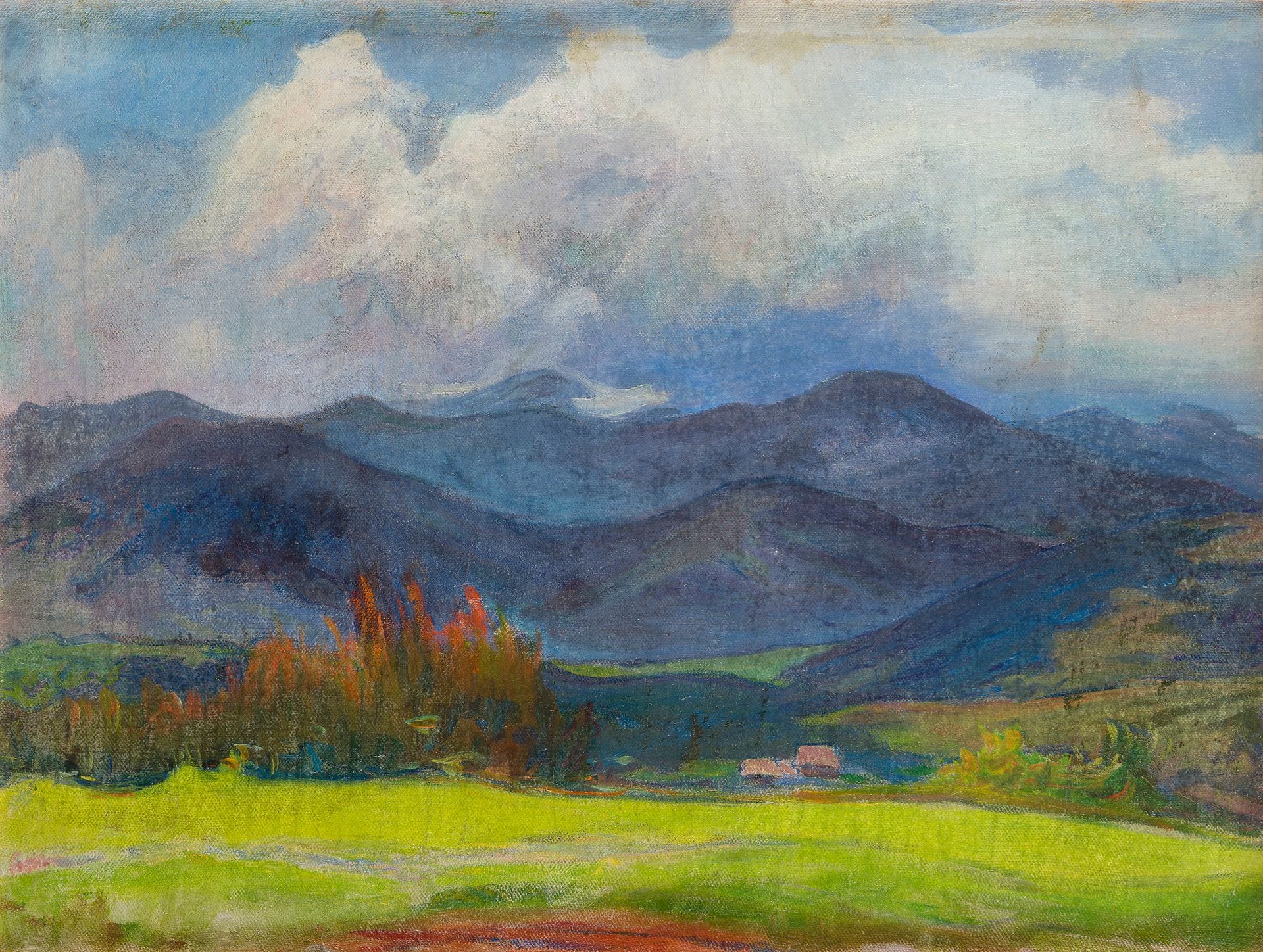 Władysław Ślewiński (1854-1918)
Montagnes bleues de Tatra, vers 1907
Huile sur toile.
Tampon de succession signé par Eugénie Slewinska au dos.
Inscrit au dos : 38. Montagnes (bleues ?) de Tatra et numéro 223.
46 x 61 cm

Provenance : 
- Eugénie Slewinska.
- Ancienne collection Primel-Buffetaud. Par descendance.

Bibliographie : 
W. JAWORSKA, Catalogue d’exposition Wladyslaw Slewinski, musée national de Varsovie, 1983, n°212, reproduit ill. 186.

Trois Œuvres de Władysław ŚLEWIŃSKI (1854-1918) de la collection Primel-Buffetaud – lots 10 à 12
Władysław Ślewiński était le seul Polonais de l’école de Pont-Aven. Madame Władysława Jaworska, grande spécialiste de l’artiste, découvre en 1962 l’existence de la collection Primel-Buffetaud. Comme elle l’explique dans son catalogue publié en 1983, cette remarquable collection réunissait environ 170 toiles, dont la quasi-totalité provenait directement de l’atelier de l’artiste. La famille Primel entretient une relation d’amitié avec le couple Slewinski ; après la disparition de son époux, Eugénie confie plusieurs tableaux de Slewinski à la famille Primel. En 1962, les deux soeurs, Jeanne Primel-Buffetaud et Marie-Louise Primel-Lagrange, font don d’une quarantaine d’oeuvres aux musées polonais. Nous avons aujourd’hui le plaisir de présenter aux enchères trois oeuvres issues de cette prestigieuse collection, conservées depuis lors par les descendants de la famille Primel.

[Pologne] [art polonais] [sztuka polska]