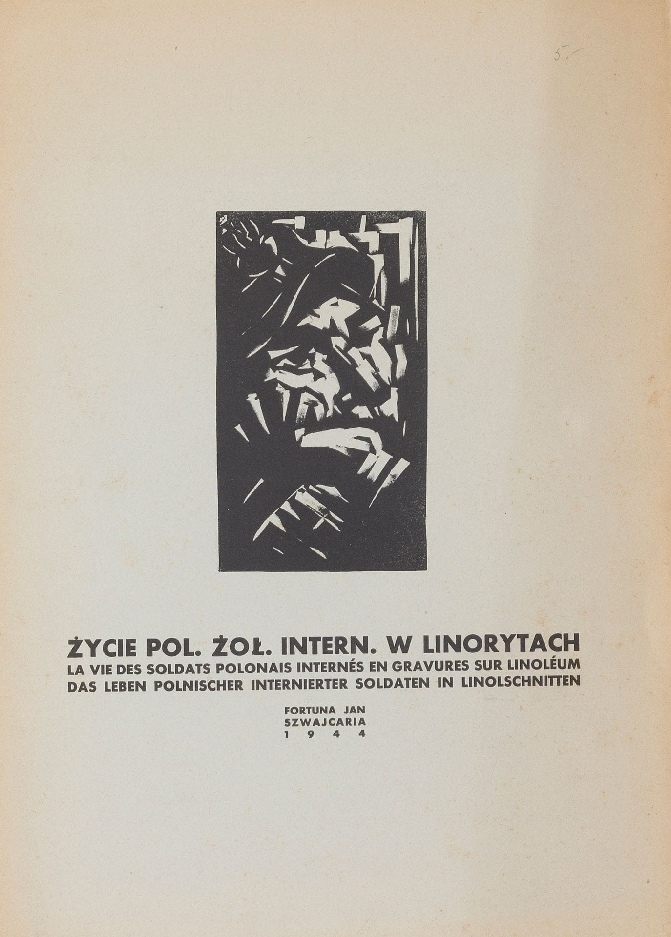 Jan FORTUNA (1900-1993)
Zycie pol. Zol. Intern. w linorytach / La vie des soldats polonais internés en gravures sur linoléum / Das Leben polnischer internierter Soldaten in Linolschnitten, Szwajcaria, 1944.
2 exemplaires : l’un complet de ses 6 estampes, l’autre de 5.
Rousseurs.

Soldat de la 2e Division d’infanterie polonaise, Jan Fortuna passe en Suisse en 1940 après la campagne de France. Il participe à la rédaction du Goniec Obozowy, périodique publié par les soldats polonais internés entre 1940 et 1945. L’ensemble de gravures présenté ici, édité en trois langues (polonais, français et allemand), est justement consacré à la vie quotidienne des soldats.

[Pologne] [art polonais] [sztuka polska]
