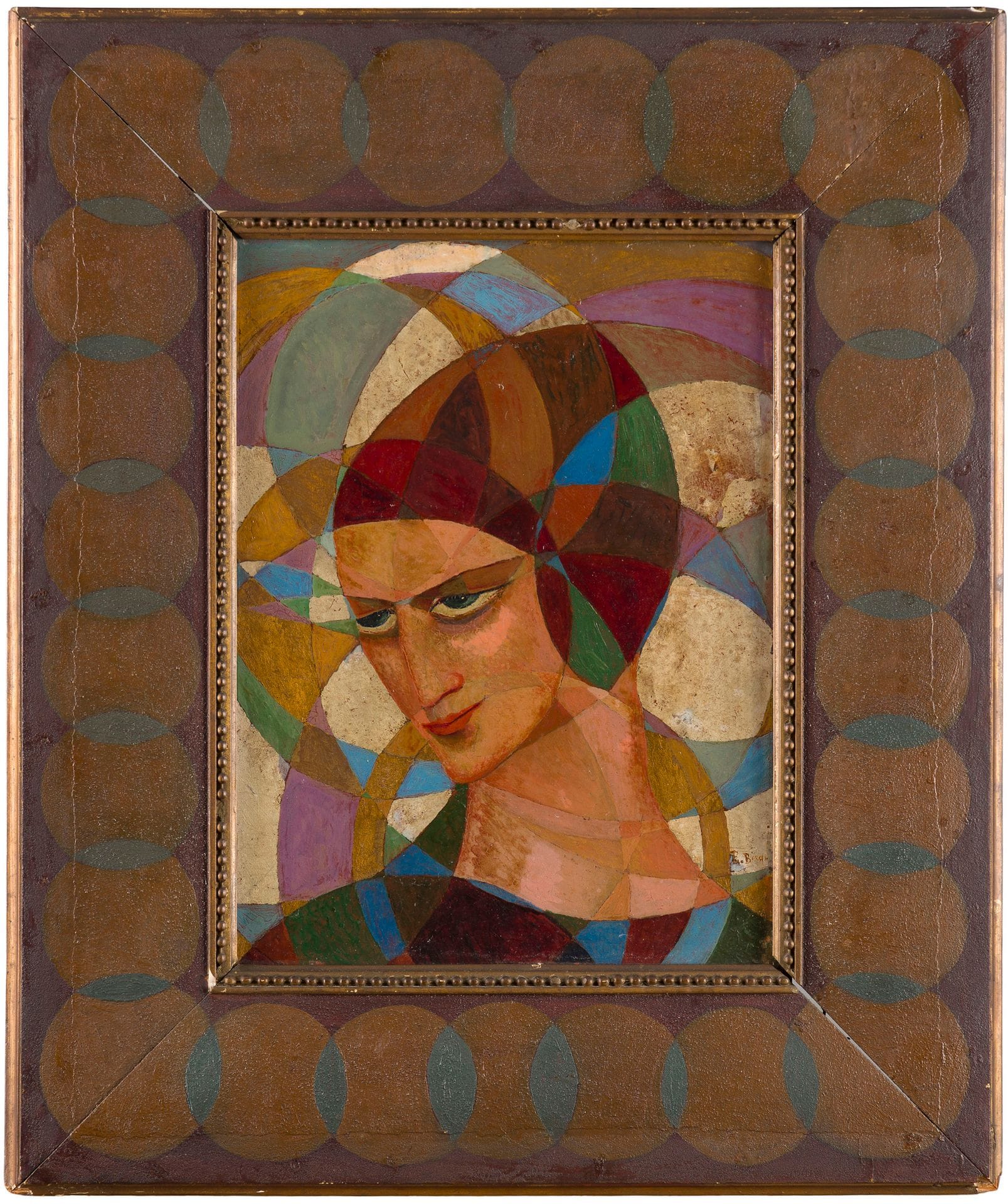 Bolesław BIEGAS (1877-1954)
Le Mystère de la pensée (Tajemnica Myśli), 1925
Huile sur carton épais.
Signée en bas à droite.
Au dos, l’étiquette de l’inventaire de Jan Szymanski « n°333 / Tajemnica Myśli » (abîmée) et l’étiquette de la Galerie Krugier n°333, donnant le titre « Mystère de la Danse ».
Le cadre orné de cercles peints a été réalisé par l’artiste lui-même, ce qui est exceptionnel dans son œuvre.
(Petits accidents au cadre).
42 x 32 cm ; dim. avec le cadre d’origine : 65 x 55,5 cm

Provenance : 
- Atelier de Boleslas Biegas légué à la Société Historique et Littéraire Polonaise de Paris en 1954 (inventaire Jan Szymanski, n°333).
- Acquis par la Galerie Jan Krugier, Genève, auprès de la précédente en 1971.
- Vente Atelier de Boleslas Biegas (1877-1954), Me Pierre Cornette de Saint-Cyr, Paris, Hôtel Drouot, 30 juin 1987, lot n° 41, sous titre « Mystère de la danse ». Reproduit en noir et blanc dans le catalogue.

Un avis d’inclusion dans le catalogue raisonné en cours de préparation par M. Xavier Deryng sous l’égide de la Société Historique et Littéraire Polonaise de Paris (SHLP), légataire universel de l’artiste, sera remis à l’acquéreur.

[Pologne] [art polonais] [sztuka polska]