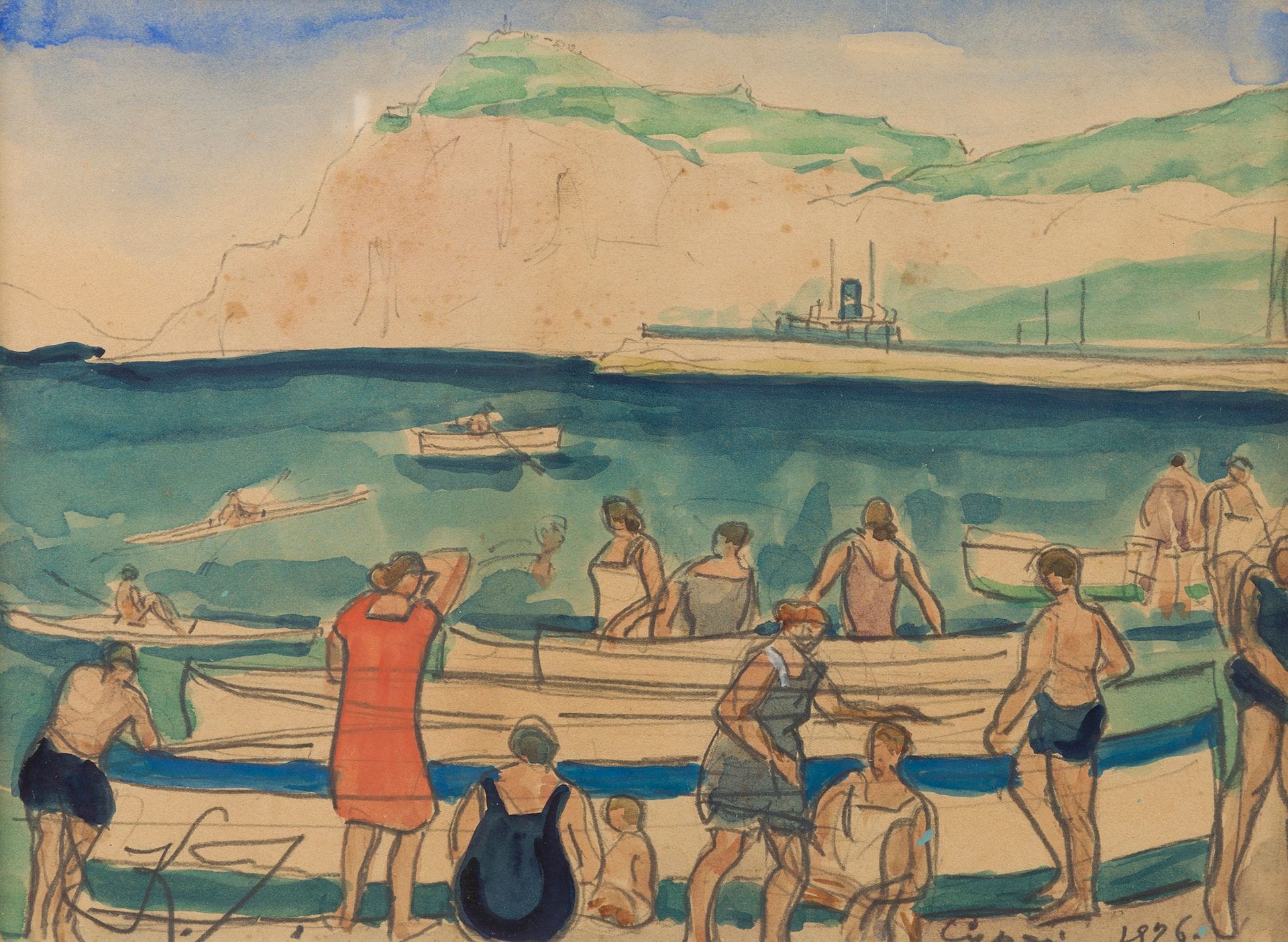 Kazimierz ZIELENIEWSKI (1888-1931)
Plage de Capri, Grande Marina, 1926
Aquarelle et mine de plomb.
Monogrammée en bas à gauche.
Située et datée en bas à droite.
(Quelques rousseurs).
27,5 x 36,8 cm à vue

[Pologne] [art polonais] [sztuka polska]