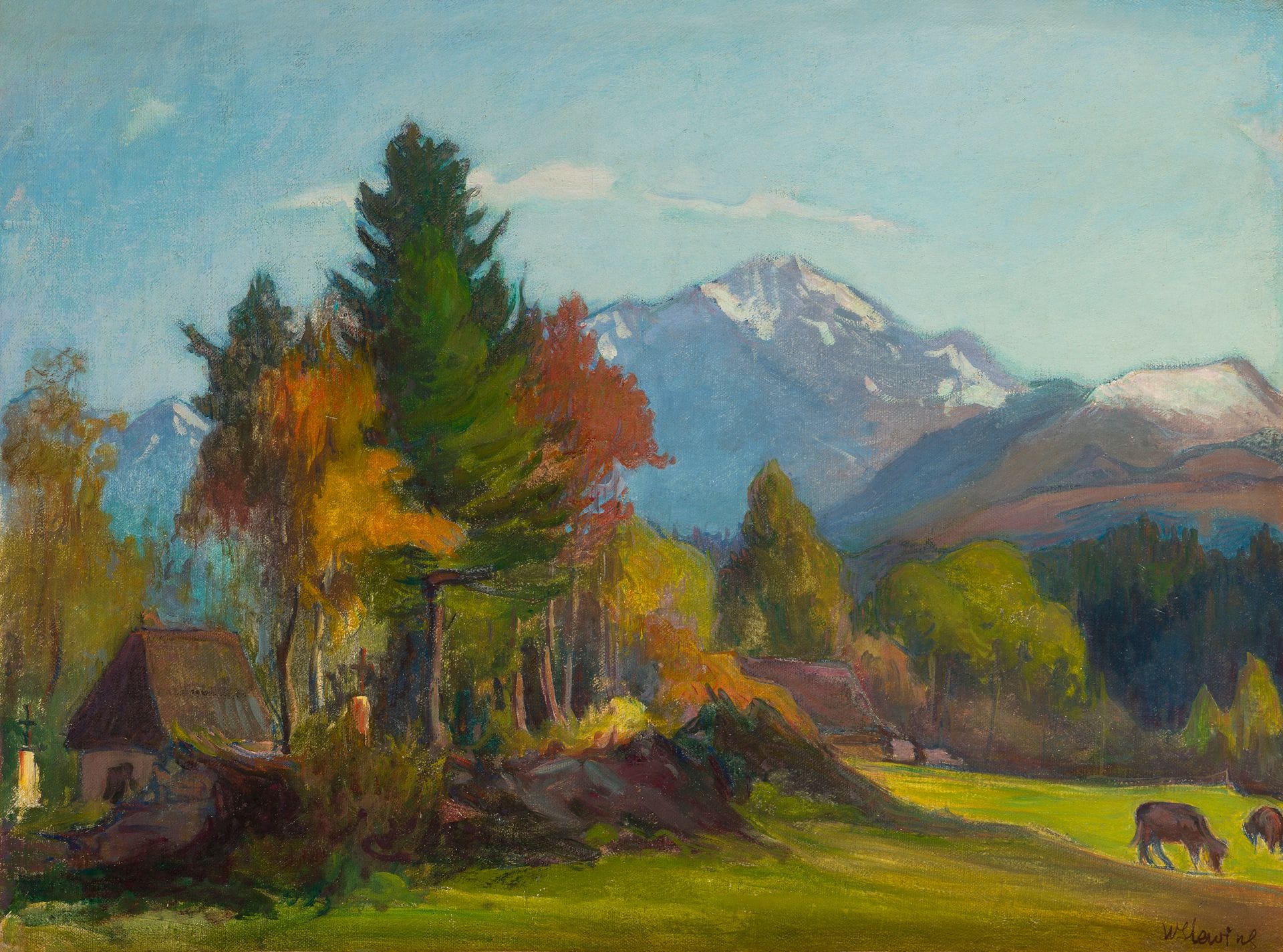 Władysław Ślewiński (1854-1918)
Tatra landscape with cows, ca. 1906/7
Oil on canvas.
Signed lower right.
Titled and dated on the stretcher by Mrs. Jaworska.
Stretcher inscribed: Mr Primel 11 Rue de Vaugirard / Paysage de Tatra aux vaches circa 1906.
(Framed).
48 x 65 cm

Provenance : 
- Eugénie Slewinska.
- Former Primel-Buffetaud collection. By descent.

Bibliography : 
W. JAWORSKA, Wladyslaw Slewinski exhibition catalog, National Museum of Warsaw, 1983, no.217, reproduced ill.191.

Three Works by Władysław ŚLEWIŃSKI (1854-1918) from the Primel-Buffetaud collection - lots 10 to 12
Władysław Ślewiński was the only Pole in the Pont-Aven school. Madame Władysława Jaworska, a great specialist in the artist, discovered the existence of the Primel-Buffetaud collection in 1962. As she explains in her catalog published in 1983, this remarkable collection brought together around 170 canvases, almost all of which came directly from the artist's studio. The Primel family maintained a friendly relationship with the Slewinski couple; after the death of her husband, Eugénie entrusted several Slewinski paintings to the Primel family. In 1962, the two sisters, Jeanne Primel-Buffetaud and Marie-Louise Primel-Lagrange, donated some forty works to Polish museums. Today, we have the pleasure of auctioning three works from this prestigious collection, which have since been preserved by the descendants of the Primel family.

[Poland] [Polish art] [sztuka polska]