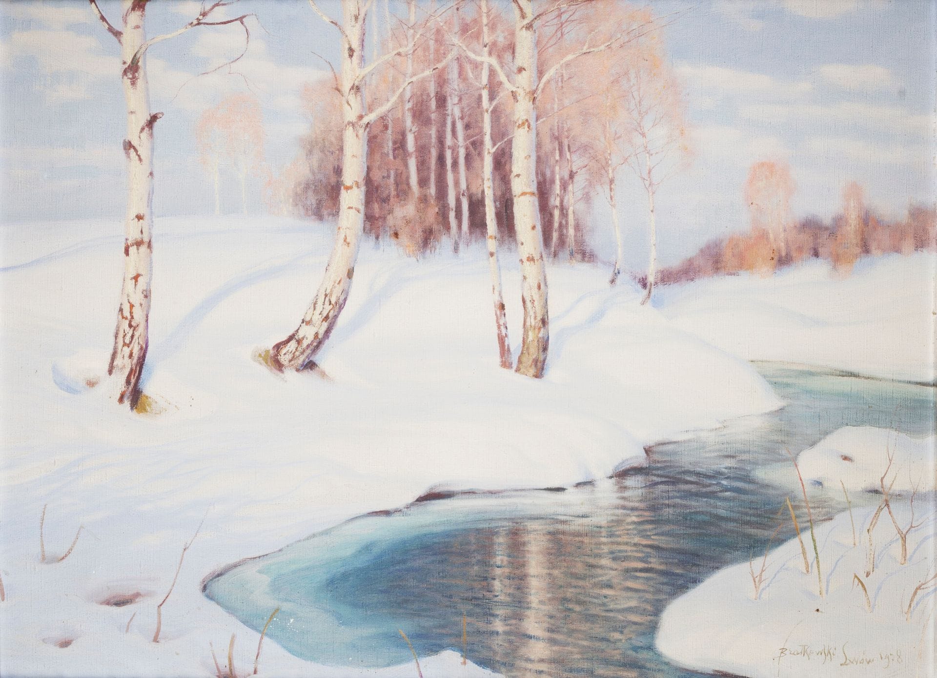 Roman BRATKOWSKI (1869-1954)
Bouleaux dans la neige, 1928
Huile sur toile.
Signée, datée et située Lviv en bas à droite.
60 x 80 cm

[Pologne] [art polonais] [sztuka polska]