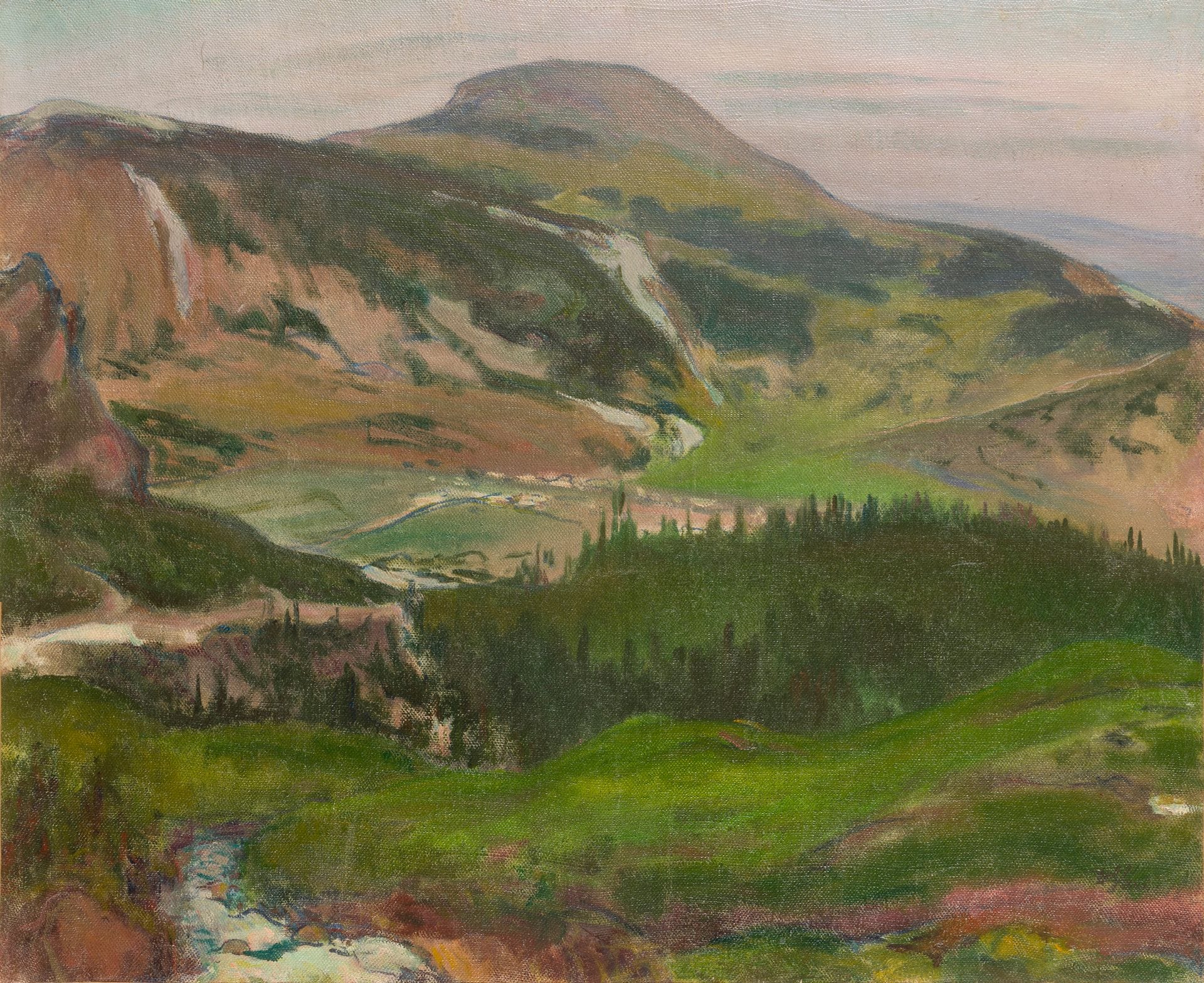 Władysław Ślewiński (1854-1918)
Paysage de Poronin, c. 1907
Huile sur toile.
Signée en bas à droite.
Tampon de succession signé par Eugénie Slewinska au dos.
Inscrit au dos : 12. Paysage de Poronin.
50 x 61,5 cm

Provenance : 
- Eugénie Slewinska.
- Ancienne collection Primel-Buffetaud. Par descendance.

Bibliographie : 
W. JAWORSKA, Catalogue d’exposition Wladyslaw Slewinski, musée national de Varsovie, 1983, n°209, reproduit ill. 183.

Trois Œuvres de Władysław ŚLEWIŃSKI (1854-1918) de la collection Primel-Buffetaud – lots 10 à 12
Władysław Ślewiński était le seul Polonais de l’école de Pont-Aven. Madame Władysława Jaworska, grande spécialiste de l’artiste, découvre en 1962 l’existence de la collection Primel-Buffetaud. Comme elle l’explique dans son catalogue publié en 1983, cette remarquable collection réunissait environ 170 toiles, dont la quasi-totalité provenait directement de l’atelier de l’artiste. La famille Primel entretient une relation d’amitié avec le couple Slewinski ; après la disparition de son époux, Eugénie confie plusieurs tableaux de Slewinski à la famille Primel. En 1962, les deux soeurs, Jeanne Primel-Buffetaud et Marie-Louise Primel-Lagrange, font don d’une quarantaine d’oeuvres aux musées polonais. Nous avons aujourd’hui le plaisir de présenter aux enchères trois oeuvres issues de cette prestigieuse collection, conservées depuis lors par les descendants de la famille Primel.

[Pologne] [art polonais] [sztuka polska]