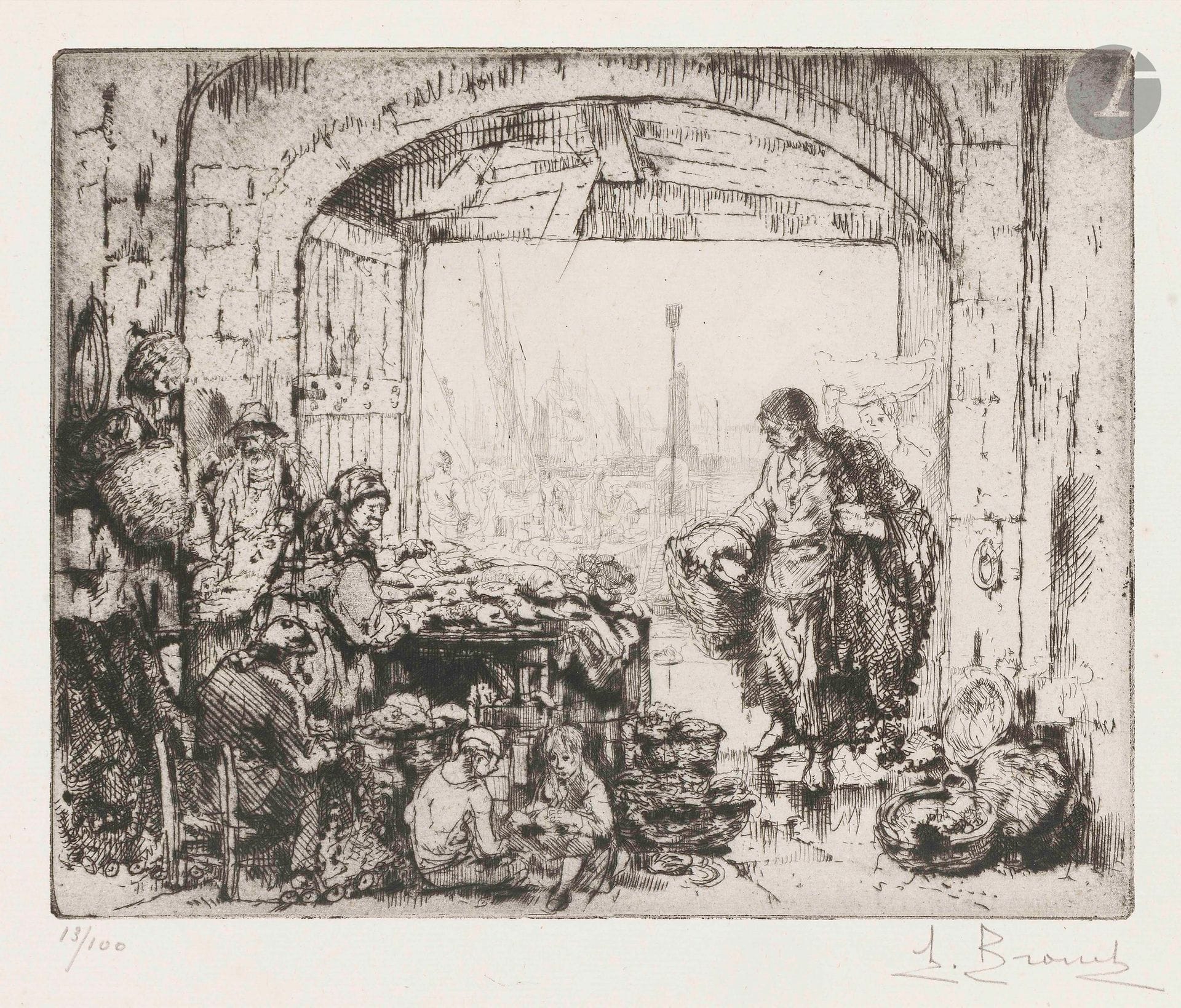 Auguste Brouet (1872-1941)
Fish market in Marseille. 1921. Etching. 184x148mm. Boutitie207; Barthel 365. Very fine proof on old laid paper, numbered and signed in pencil. Very slight oxidation at the edges of the sheet. Full margins. Edition of 100 proofs.