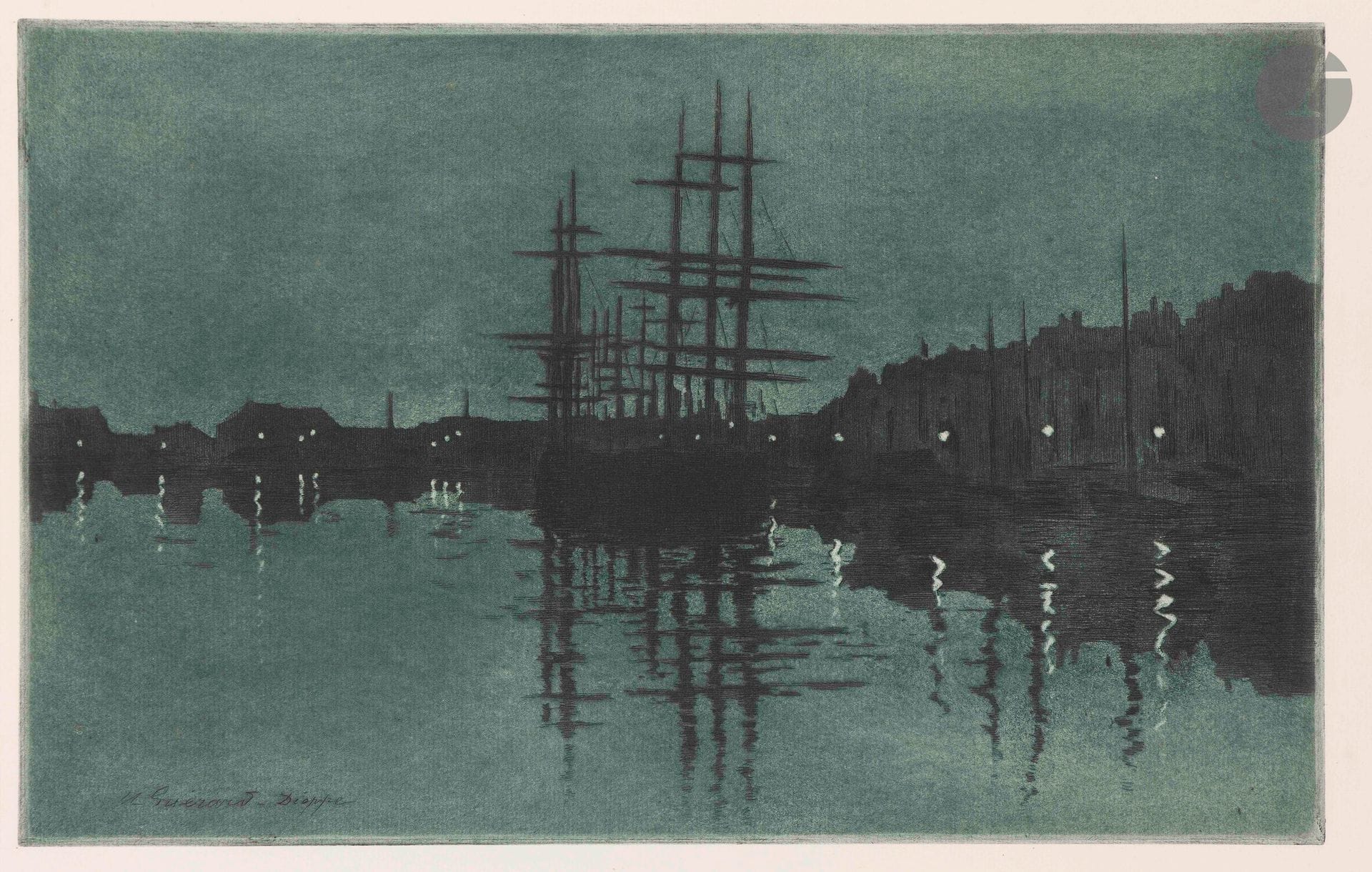 Henri Guérard (1846-1897)
Bassin Duquesne (Dieppe), effet de lune. Avant 1889. Eau-forte et aquatinte. 473x295mm. Bertin 224. Très belle épreuve tirée en bleu sur vergé crème. Quelques infimes rousseurs aux bords du feuillet. Toutes marges.
