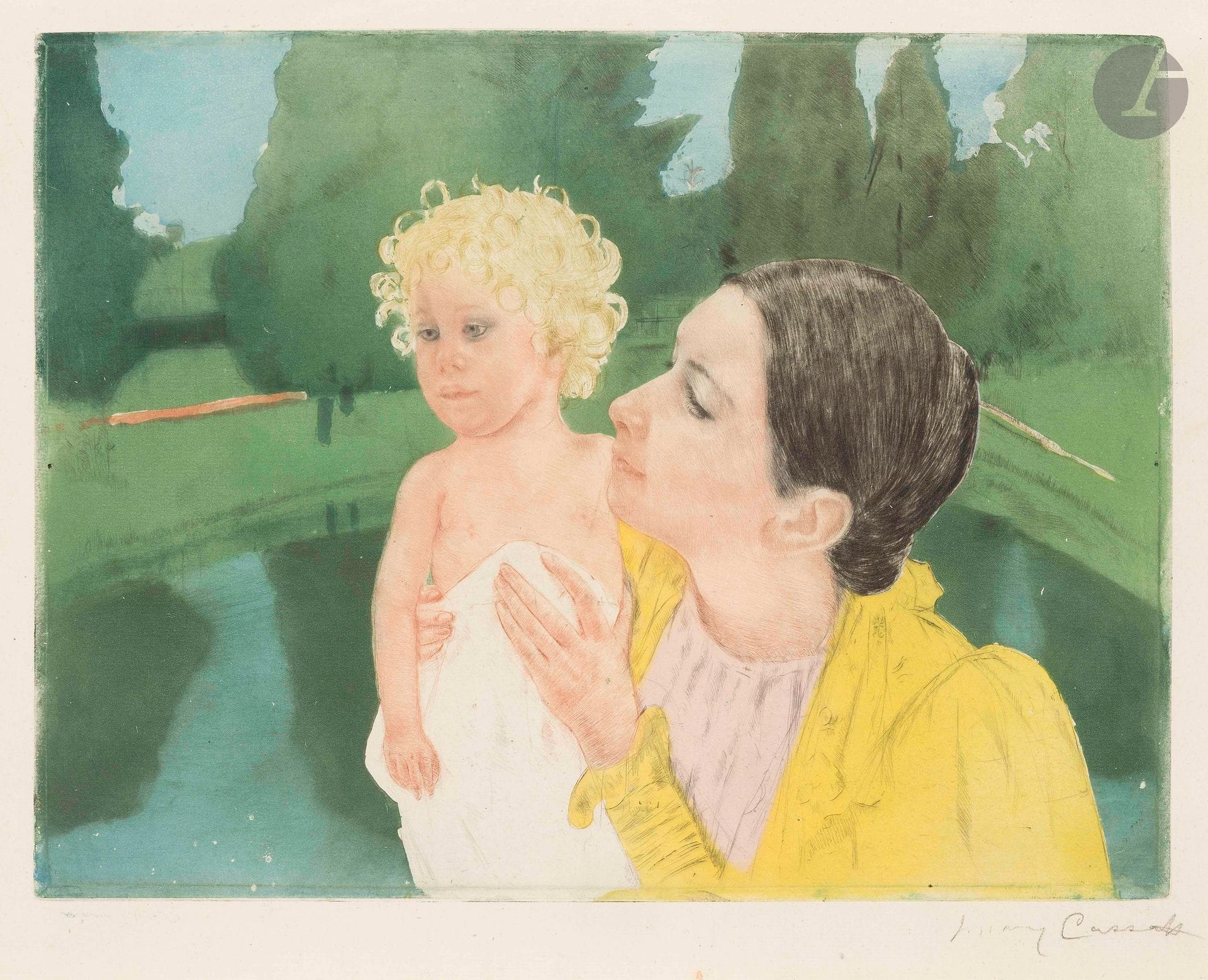 Mary Cassatt (American, 1844-1926)
By the Pond. Circa 1898. Drypoint and aquatint. 428x331mm. Breeskin 161; Mathews-Shapiro21. Color print. Superb, fresh proof on "Adriaan Rogge" watermarked laid paper, signed in pencil. Annotation "G" in pencil in the lower left-hand corner in the hand of H.M.Petiet. Small vermicular inking defects at the bottom left and right of the subject, as usual. Traces of folds and tiny tear in left margin. Minimal foxing and soiling. Full margins [510x430mm]. Rare. Ex-coll. H.M.Petiet (Lugt 5031). 

Provenance:
Ambroise Vollard (1866-1939) then Henri Marie Petiet (1894-1980).