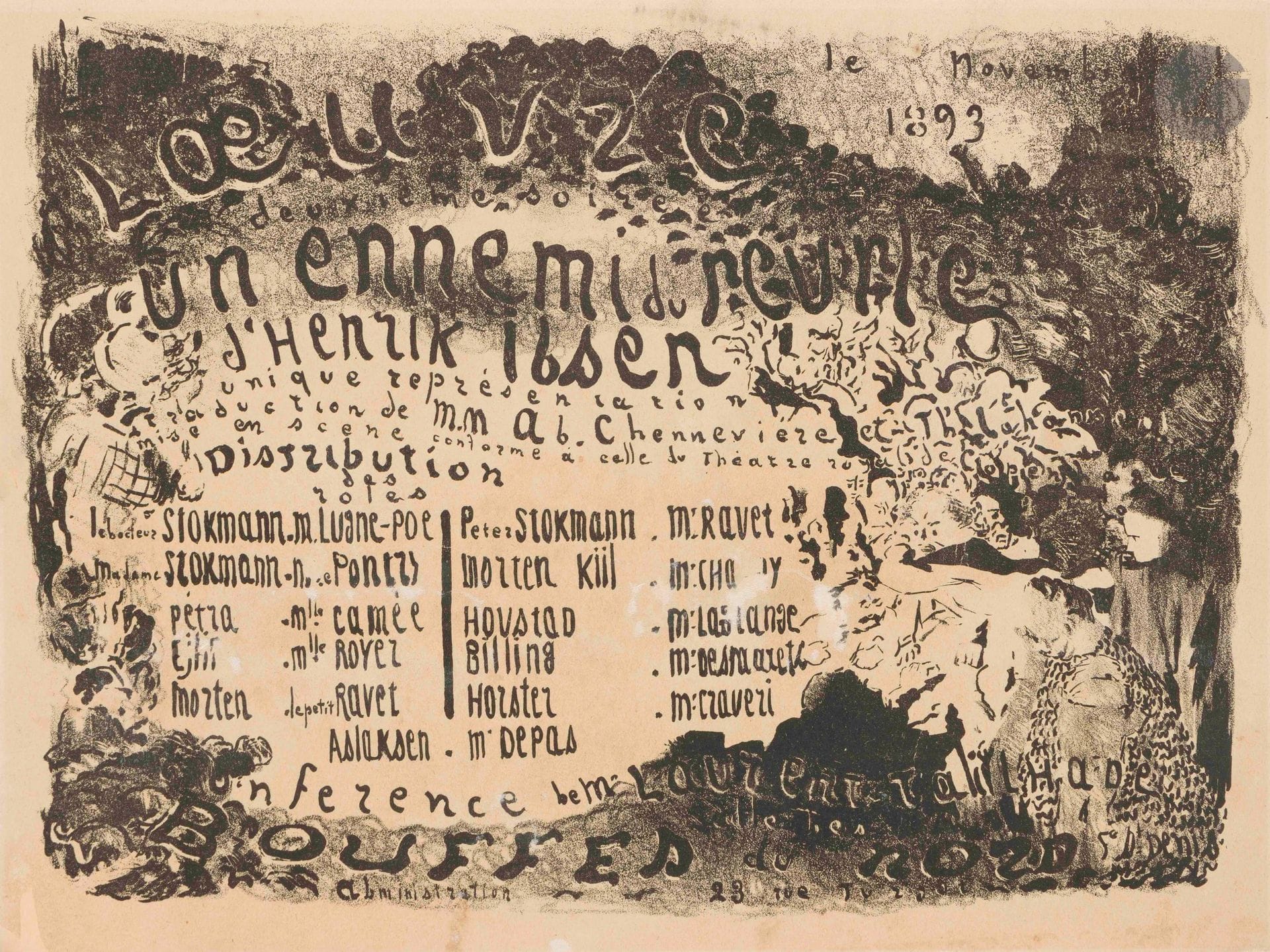 Édouard Vuillard (1868-1940)
Âmes solitaires de G. Hauptmann. (Programme pour le théâtre des Bouffes du Nord). 1893. Lithographie. [485x325mm]. Roger-Marx 19; Aitken 60. Épreuve sur vélin mince chamois, doublée sur japon mince, avec en partie gauche la publicité pour la Revue blanche transformée. Une longue fracture oblique en travers du sujet. Pli vertical médian fragilisé. Petits manques comblés aux bords du feuillet. Joint: Un ennemi du peuple d’Hendrik Ibsen. (Programme pour le théâtre des Bouffes du Nord). 1893. Lithographie. [318x240mm]. Roger-Marx 17; Aitken 59. Bonne épreuve sur vélin ivoire, finement doublée sur japon, avec nombreux accidents et trous restaurés (visibles par transparence). Ens. 2 p.