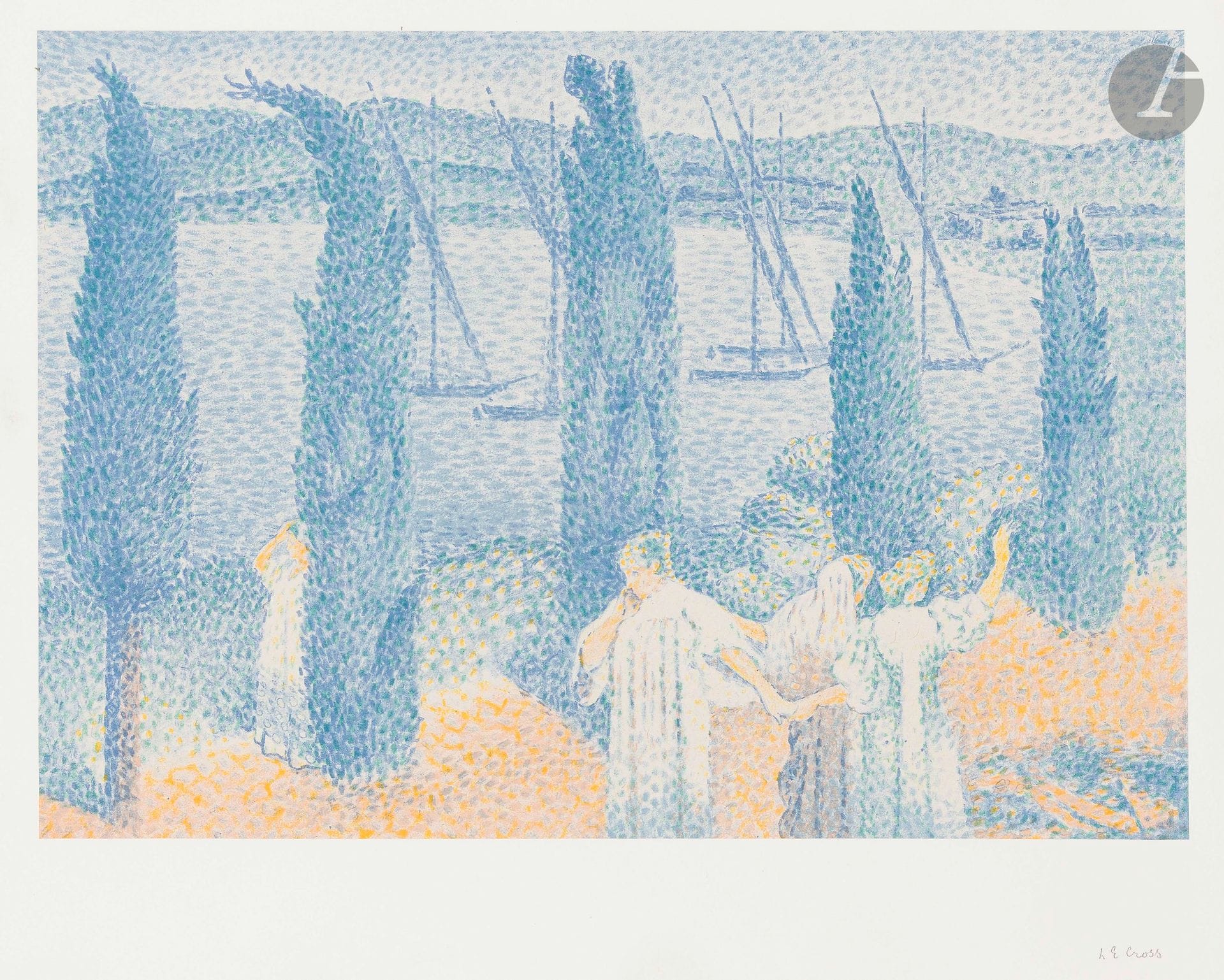 Henri-Edmond Cross (1856-1910)
The Promenade, or The Cypresses. 1897. Lithograph. 410x285mm. Johnson 27. color print. Very fine and fresh proof on chine applied to heavyweight vellum, signed and numbered in pencil. Full margins. Edition of 100 proofs for the Galerie Vollard album of original prints.