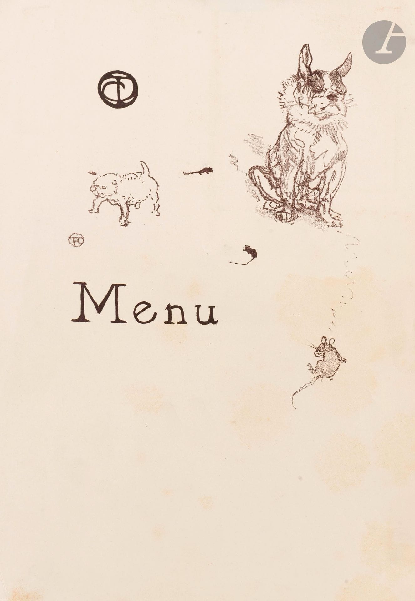Henri de Toulouse-Lautrec (1864-1901)
Menu au bull de Palmyre. 1897. Lithographie. [250x360mm]. Delteil 211; Adhémar 253; Wittrock 186. Impression en brun violacé. Très belle épreuve sur vélin glacé. Deux petits restes de pattes de montage (anciens timbres-poste) en tête au verso. Très claires rousseurs. Pli cassé oblique et infime arrachement dans l’angle inférieur gauche. Toutes marges. De toute rareté: selon Wittrock, on ne connaît que 6 épreuves de ce sujet, dont une seule dans une collection publique (Albi, musée Toulouse-Lautrec). 

Ce menu fut réalisé pour un dîner du 31 juillet 1897 au bar «La Souris» (chez Madame Palmyre). On y reconnaît le bouledogue français de la patronne, Madame Palmyre. Le texte du menu était inscrit à la plume sur les épreuves utilisées.

«[Lautrec] fréquente de plus en plus les bars de Montmartre. Deux lui plaisent particulièrement, «Le Hanneton» et «La Souris» qui sont fréquentés uniquement par des femmes. Lautrec a été, toujours, intéressé par les lesbiennes, et il en a montré un grand nombre, à commencer par la Goulue, dès 1892 […] il semble préférer au «Hanneton», «La Souris», la Touris, comme il dit (Coquiot, page 65), tenu par Mme Palmyre, Armande. Lapparent l’a vu à «La Souris» trôner «sous la lumière crue des lampes électriques, entouré d’une douzaine de femmes à la chair molle, vêtues de stricts vestons d’hommes à col dur.» Il y a certainement rencontré Bottini, qui est venu chercher son inspiration auprès de lui. Palmyre l’amusait par sa gravité replète, ayant, disait-il, «le cœur sur la main, elle a l’air de vouloir tout dévorer».
Et Lautrec montre en juin Mme Palmyre à «La Souris»; il montre aussi le bouledogue de Palmyre, en tête d’un menu». (Jean Adhémar, Toulouse-Lautrec, lithographies et pointes sèches, Paris, Arts et Métiers graphiques, 1965, p. XXVII).

Le bouledogue Bouboule fut portraituré par Lautrec dans une huile sur carton en 1897. Elle est aujourd’hui conservée au musée Toulouse-Lautrec d’Albi. Le chien était connu pour être aussi patibulaire que sa maîtresse, mordant constamment les mollets des clients.
