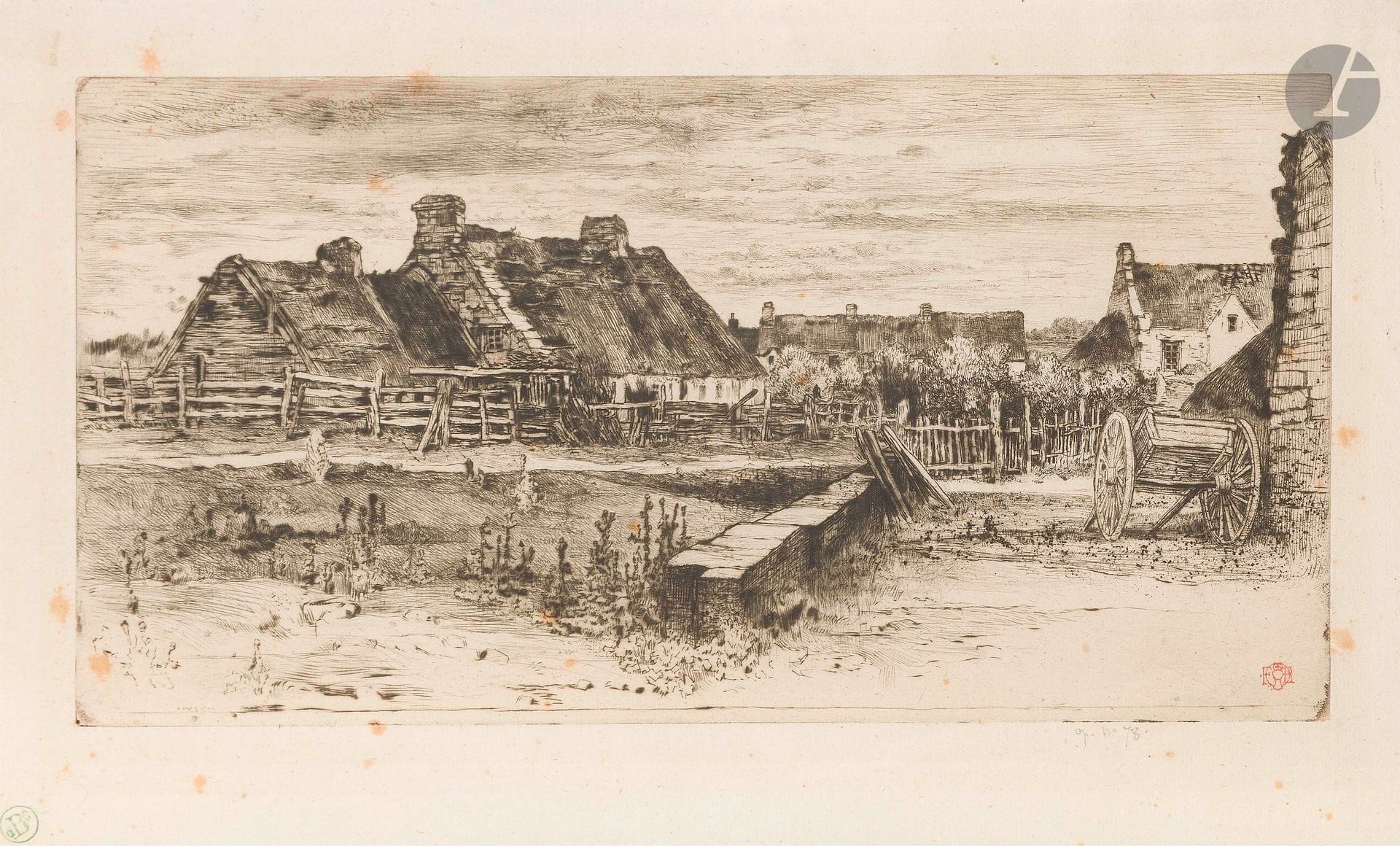 Félix Buhot (1847-1898)
Les Grandes chaumières. 1881. Etching and drypoint. 271x137mm. Bourcard-Goodfriend 150. Very fine proof on thin cream laid paper, annotated "ep. n°78" in pencil and stamped (Lugt 978). Scattered light foxing. Traces of oblique folds in the right-hand part of the subject. Full margins. Ex-coll. J. H. de Bois (Lugt 733).